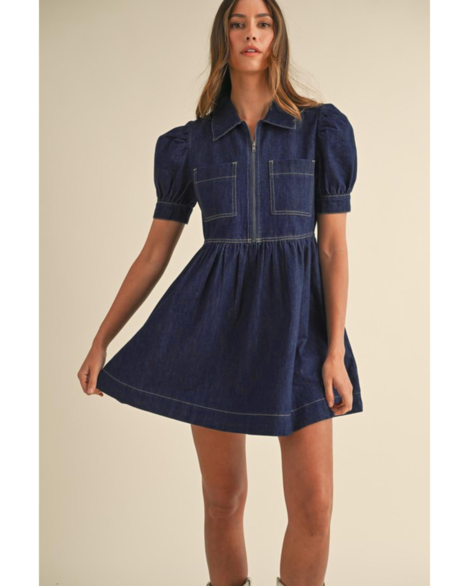Dirty blue Zipped up Bodice Collared Short Puff Sleeve Denim Dress - M