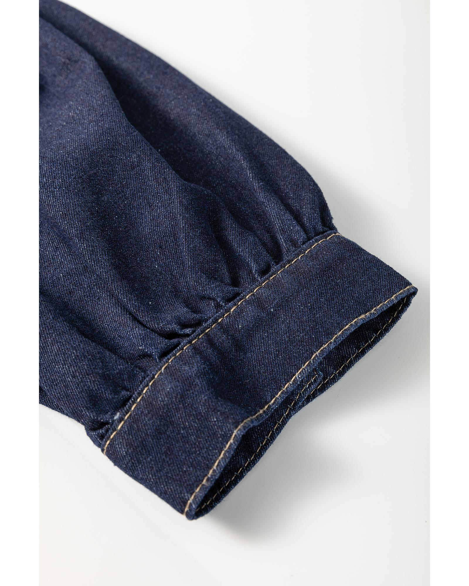 Dirty blue Zipped up Bodice Collared Short Puff Sleeve Denim Dress - M 4