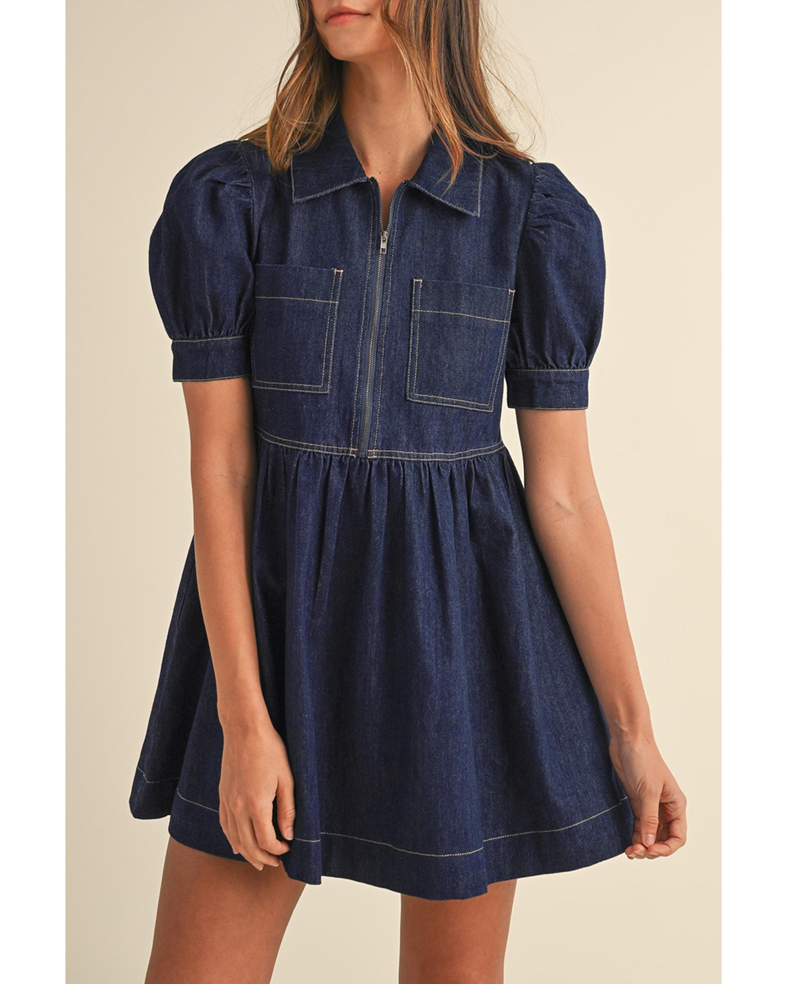 Dirty blue Zipped up Bodice Collared Short Puff Sleeve Denim Dress - M 5
