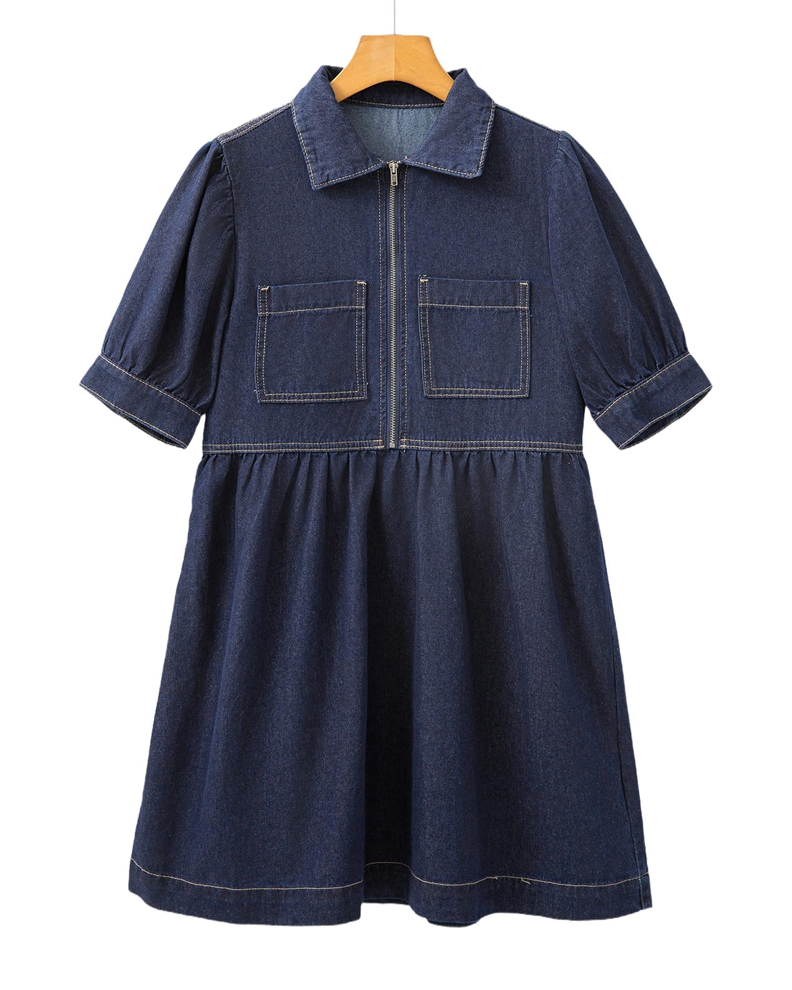 Dirty blue Zipped up Bodice Collared Short Puff Sleeve Denim Dress - M 6
