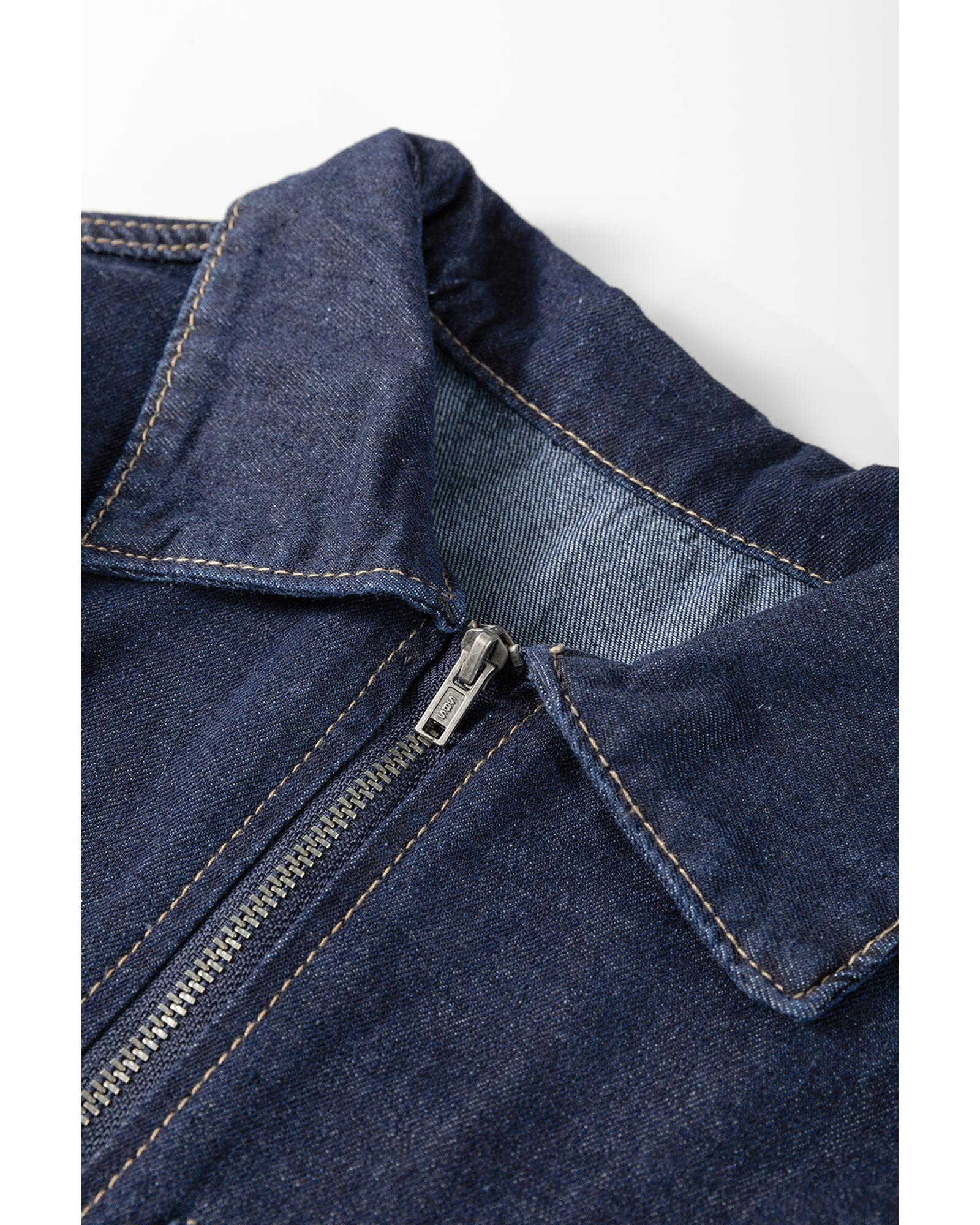 Dirty blue Zipped up Bodice Collared Short Puff Sleeve Denim Dress - M 7