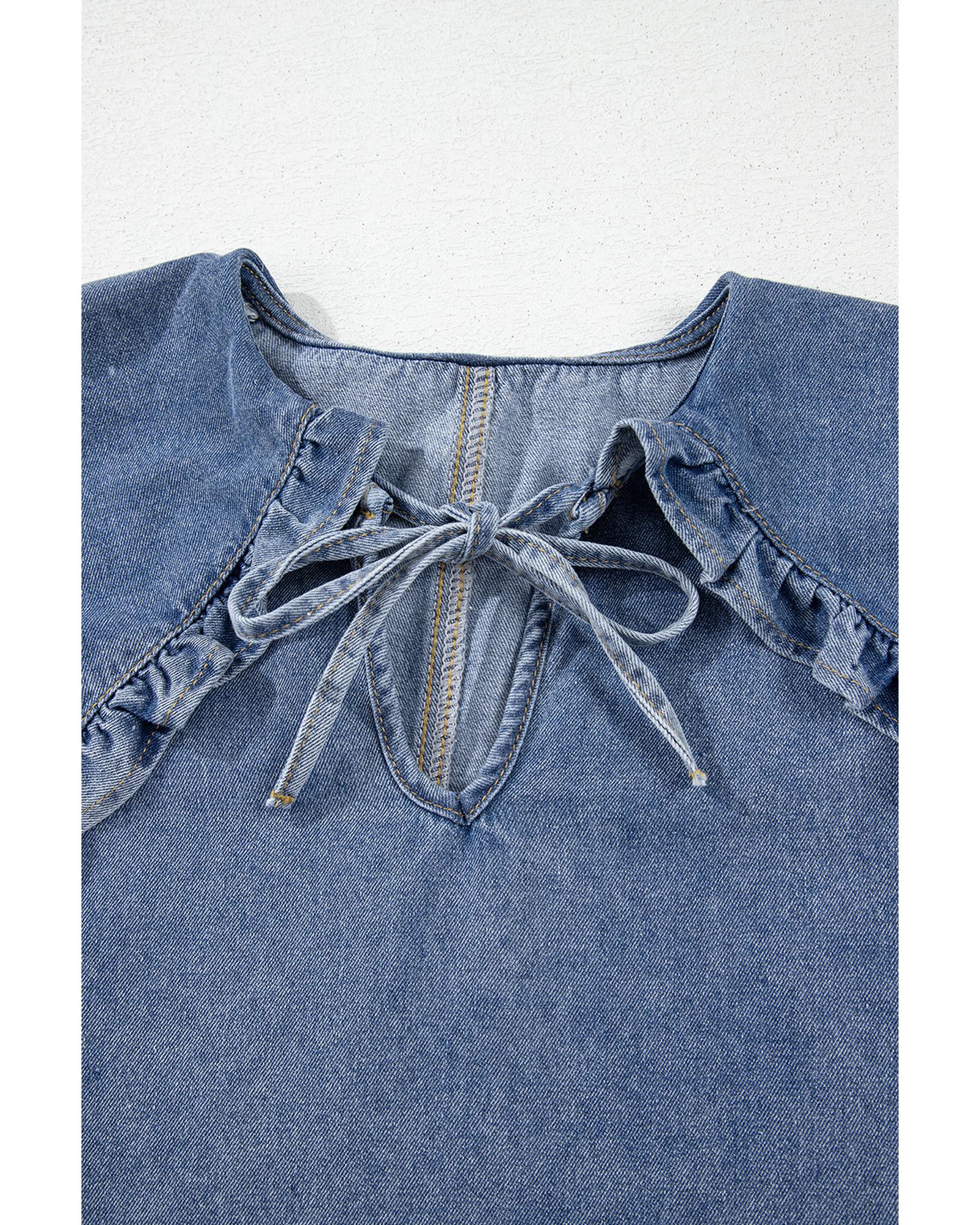 Dusk Blue Ruffled Collared Side Pockets Puff Sleeve Denim Mini Dress - L 4