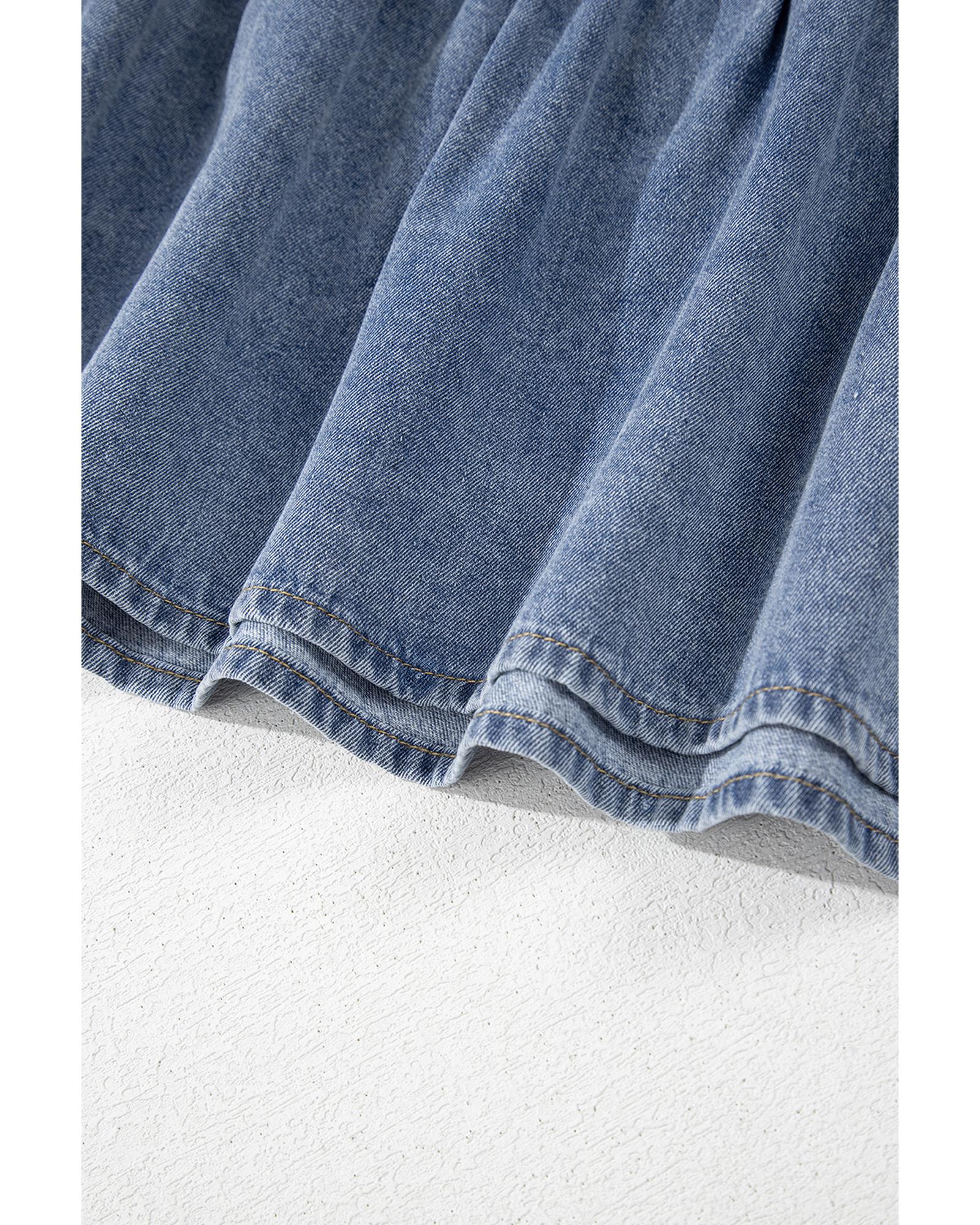 Dusk Blue Ruffled Collared Side Pockets Puff Sleeve Denim Mini Dress - L 8