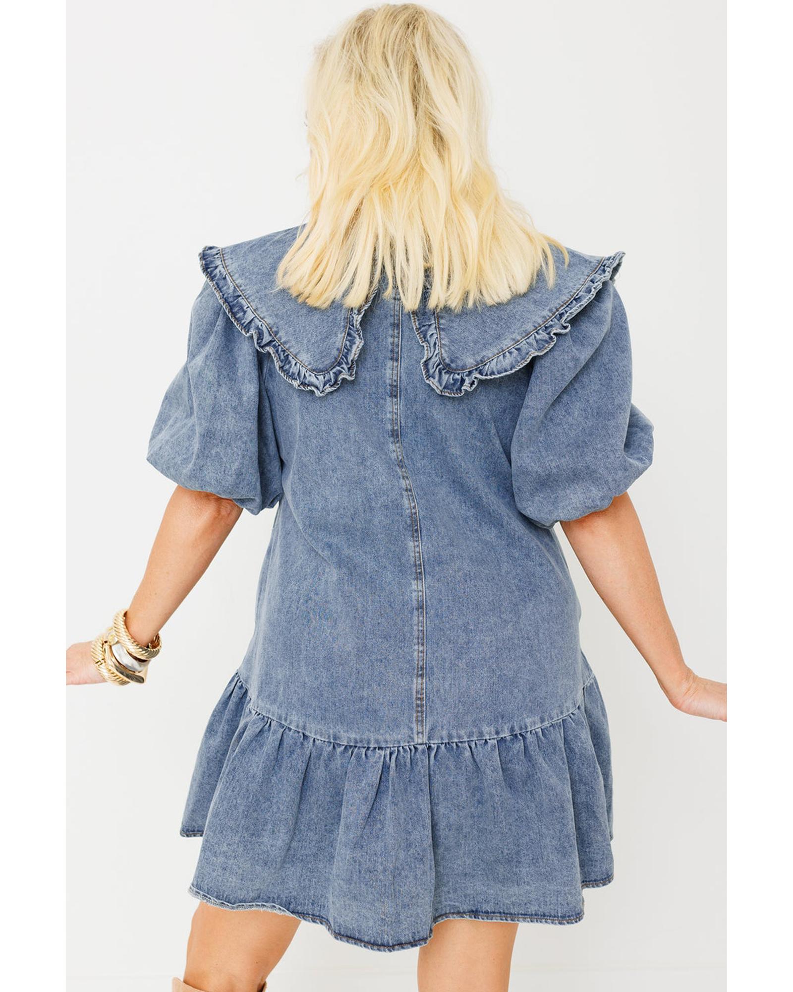Dusk Blue Ruffled Collared Side Pockets Puff Sleeve Denim Mini Dress - M