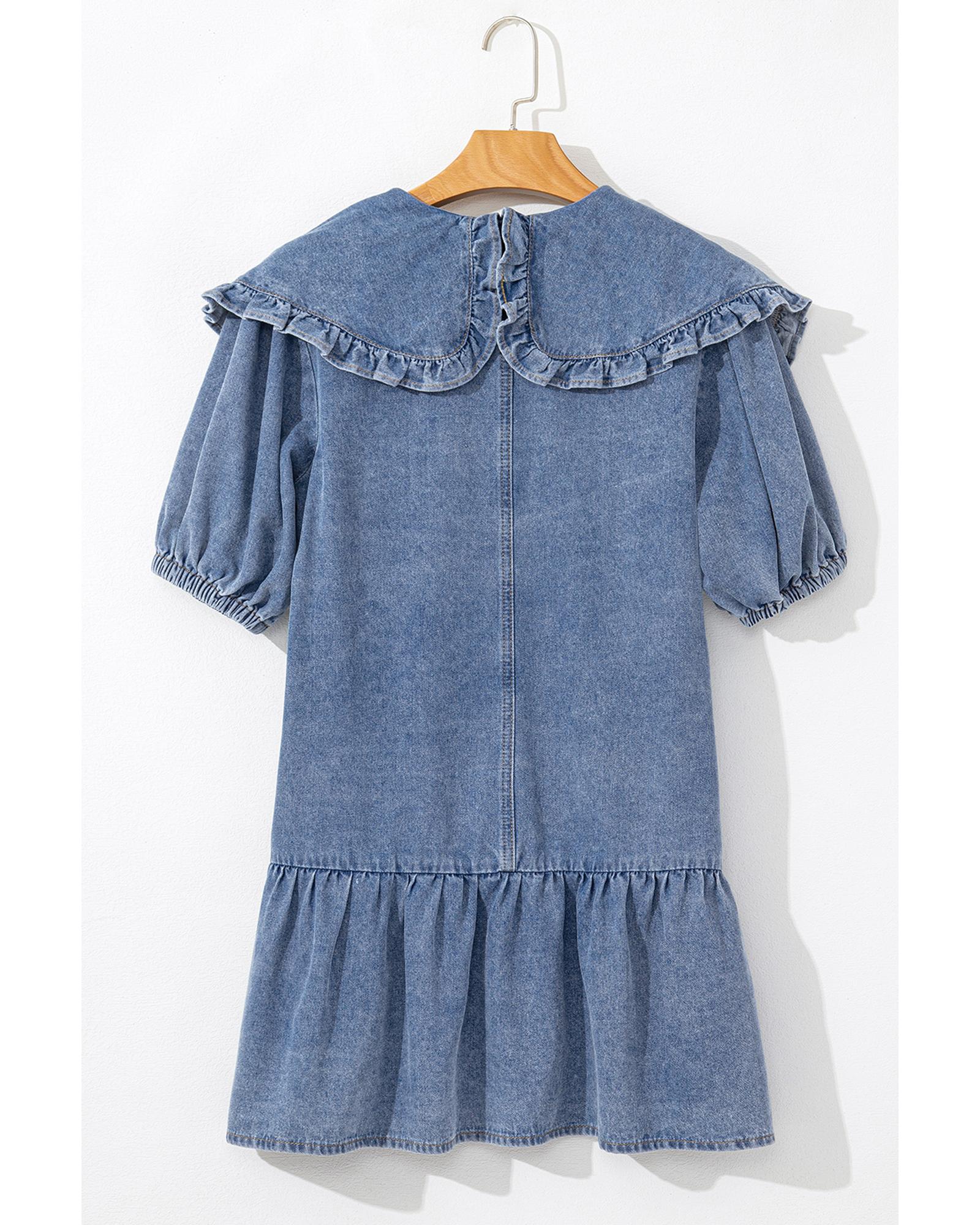 Dusk Blue Ruffled Collared Side Pockets Puff Sleeve Denim Mini Dress - S 6
