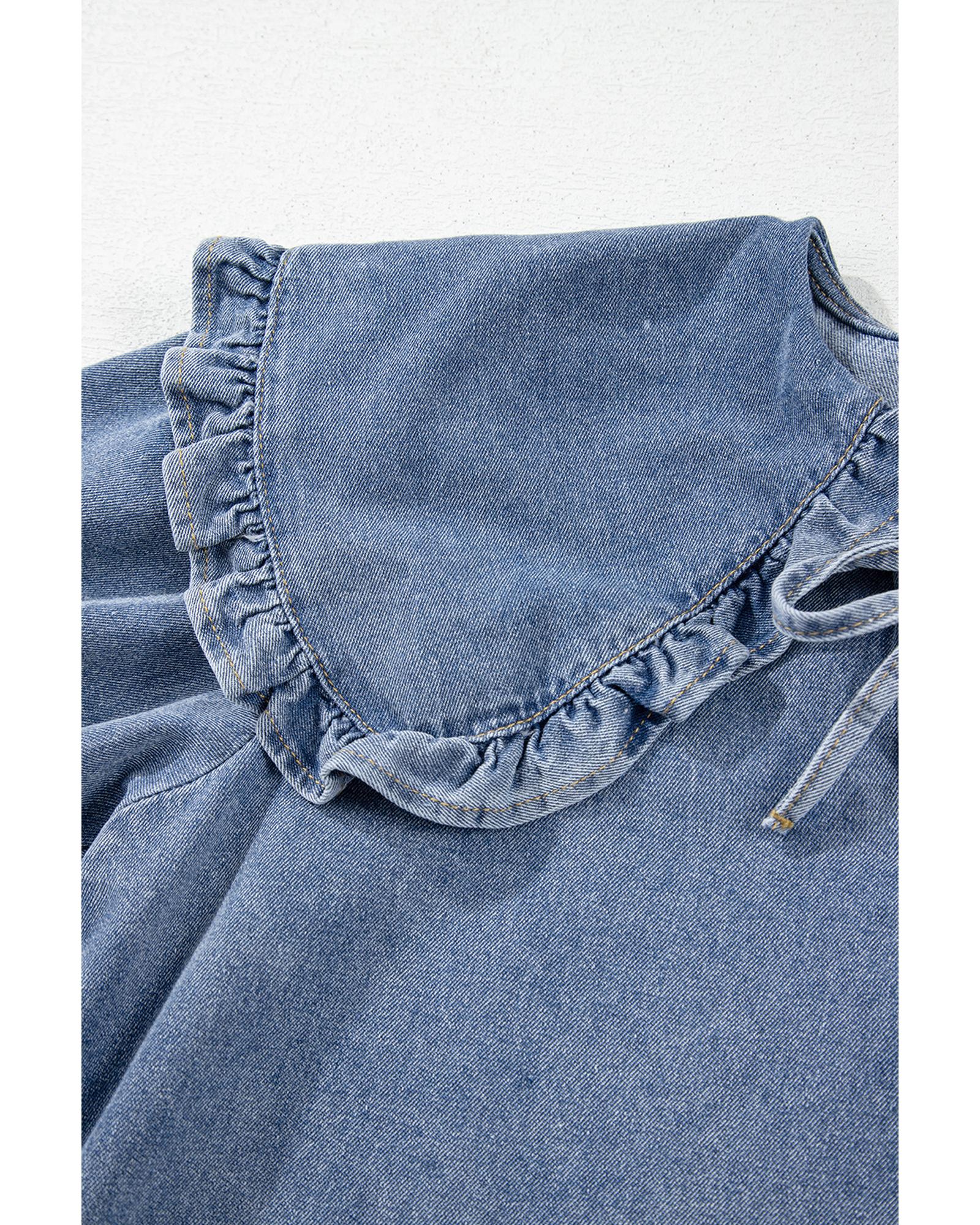 Dusk Blue Ruffled Collared Side Pockets Puff Sleeve Denim Mini Dress - S 7