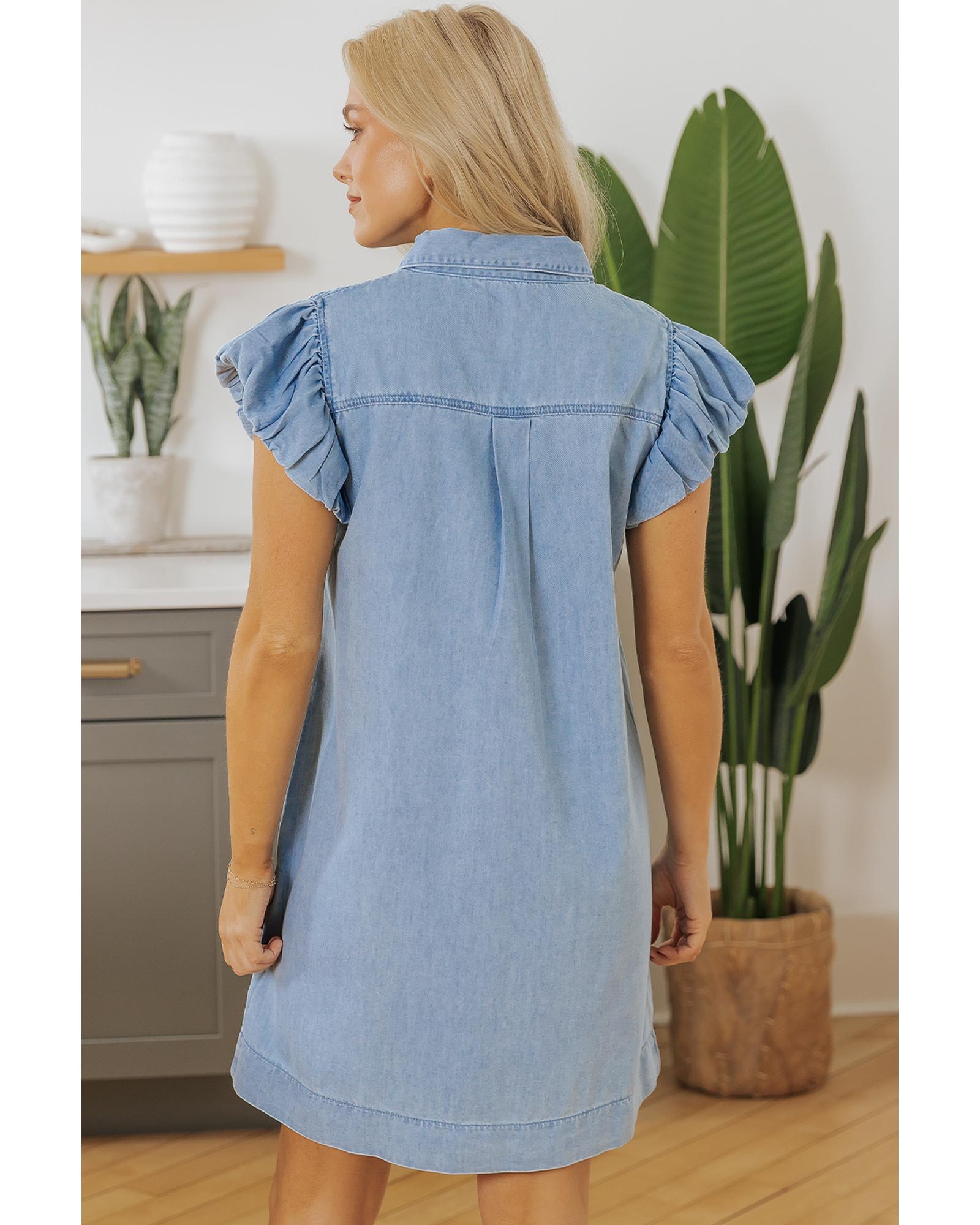 Beau Blue Flutter Sleeve Shirred Detail Button Up Denim Mini Dress - M