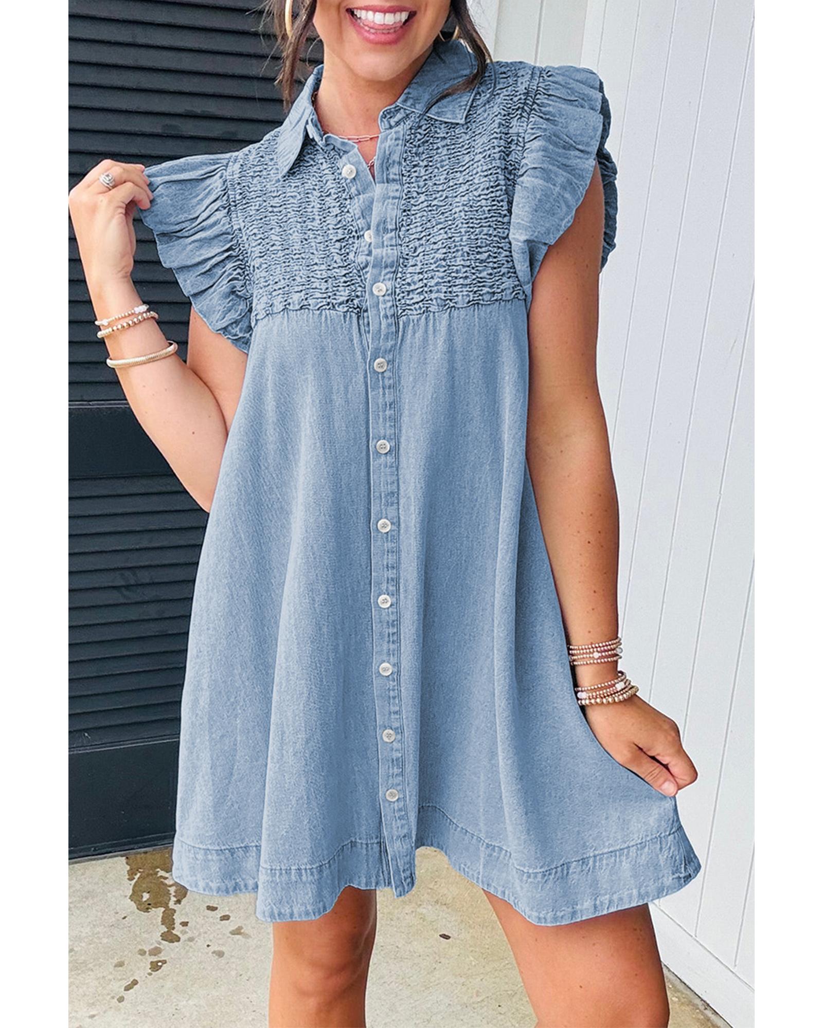 Beau Blue Flutter Sleeve Shirred Detail Button Up Denim Mini Dress - M 5