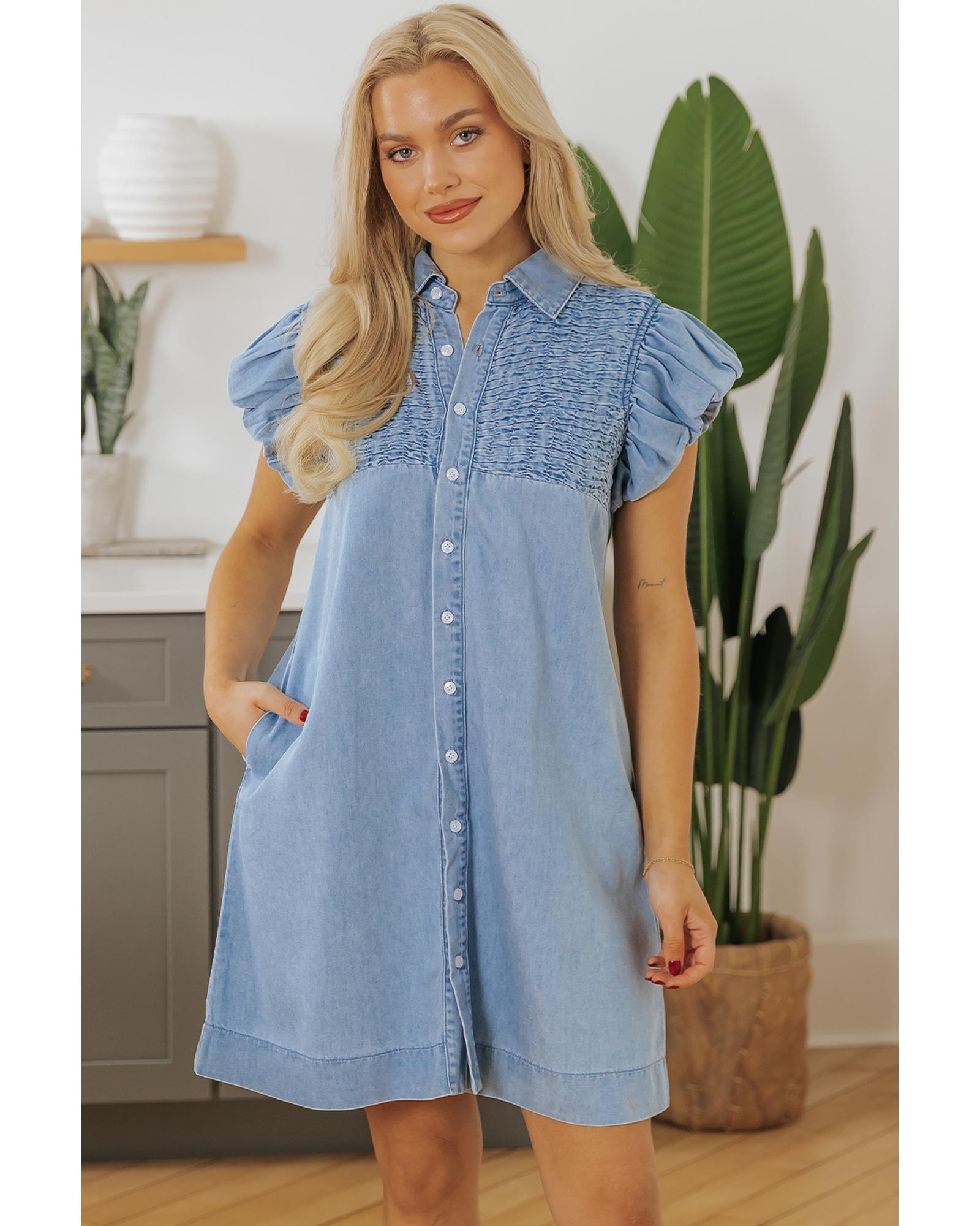 Beau Blue Flutter Sleeve Shirred Detail Button Up Denim Mini Dress - S