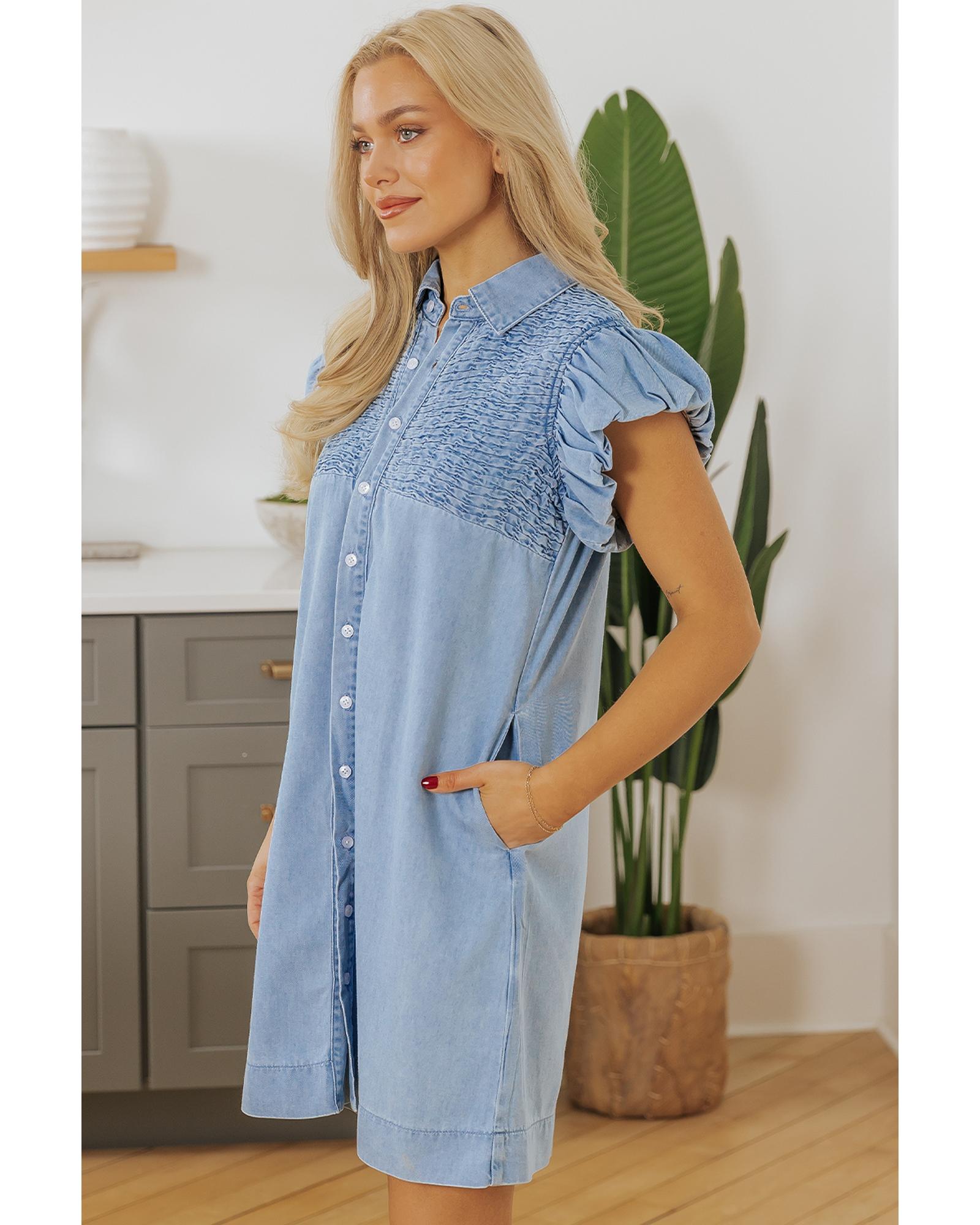 Beau Blue Flutter Sleeve Shirred Detail Button Up Denim Mini Dress - S