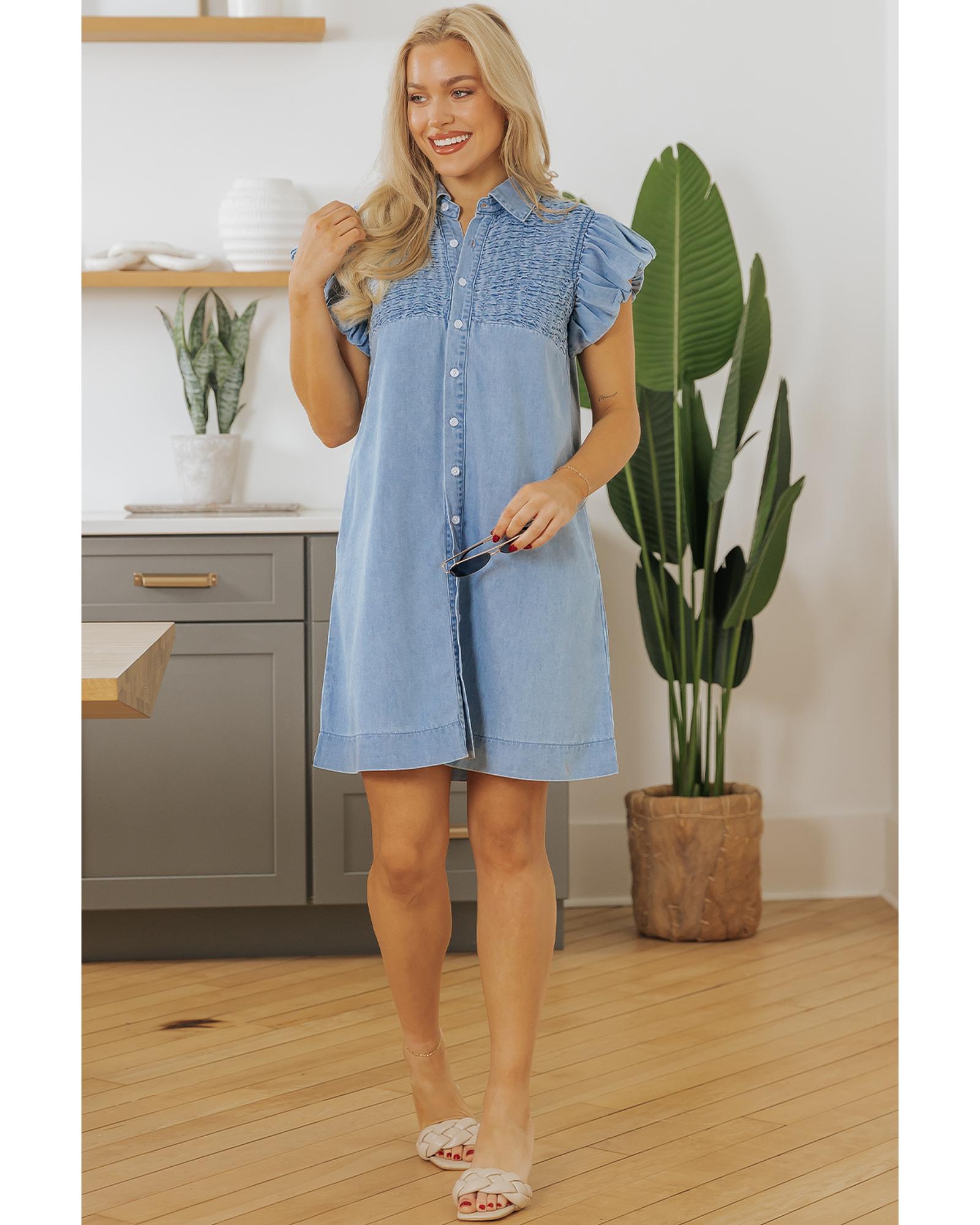 Beau Blue Flutter Sleeve Shirred Detail Button Up Denim Mini Dress - S 7