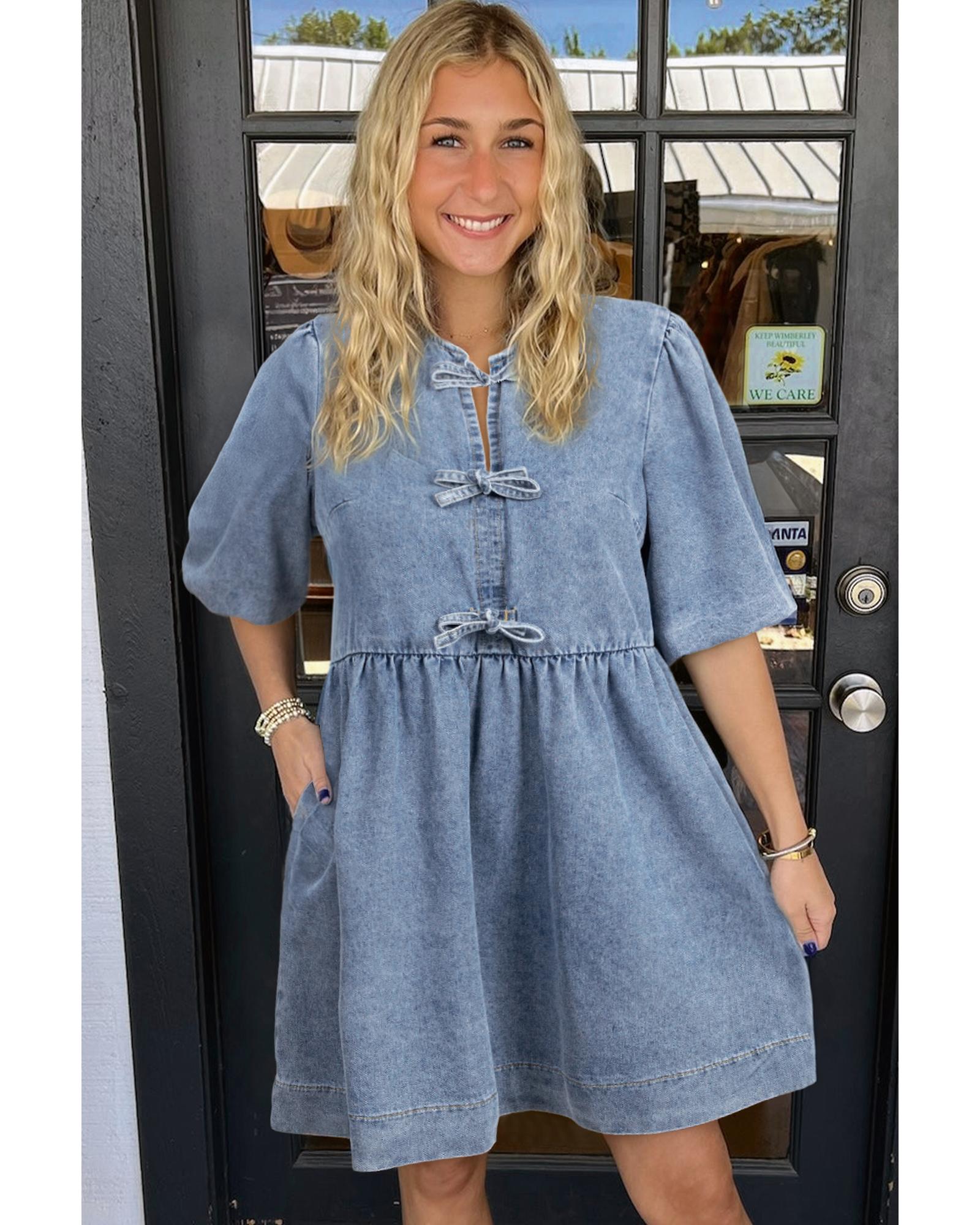 Dusk Blue Bowknot Bubble Sleeve Short Denim Dress - L