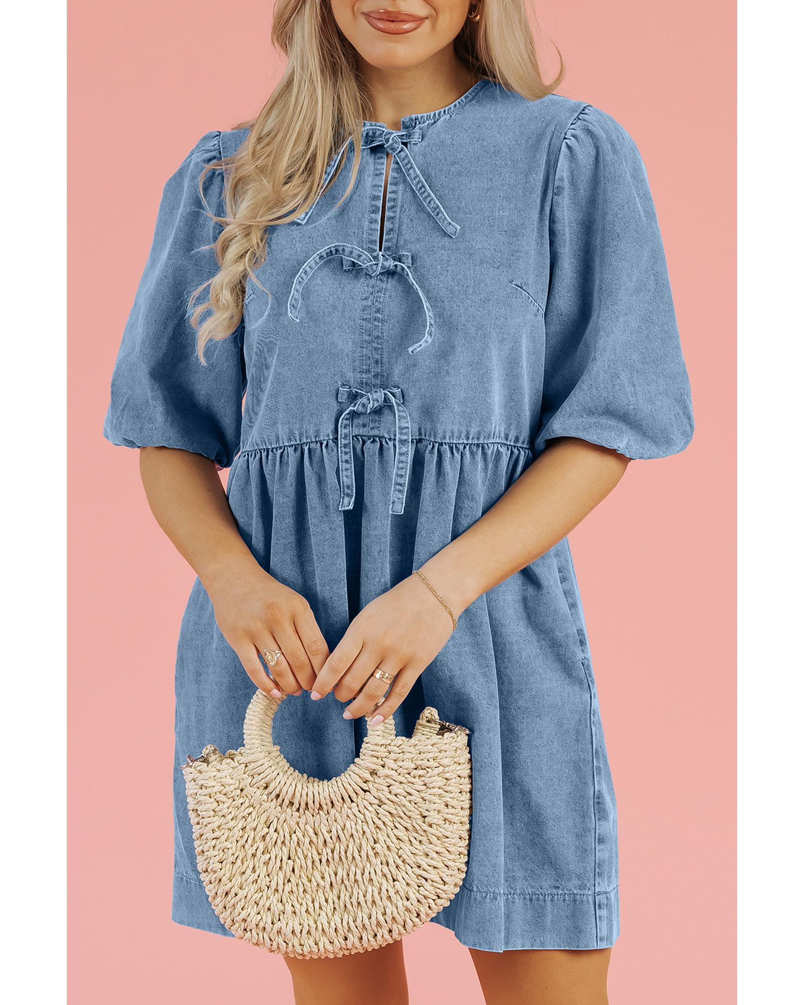 Dusk Blue Bowknot Bubble Sleeve Short Denim Dress - L 5
