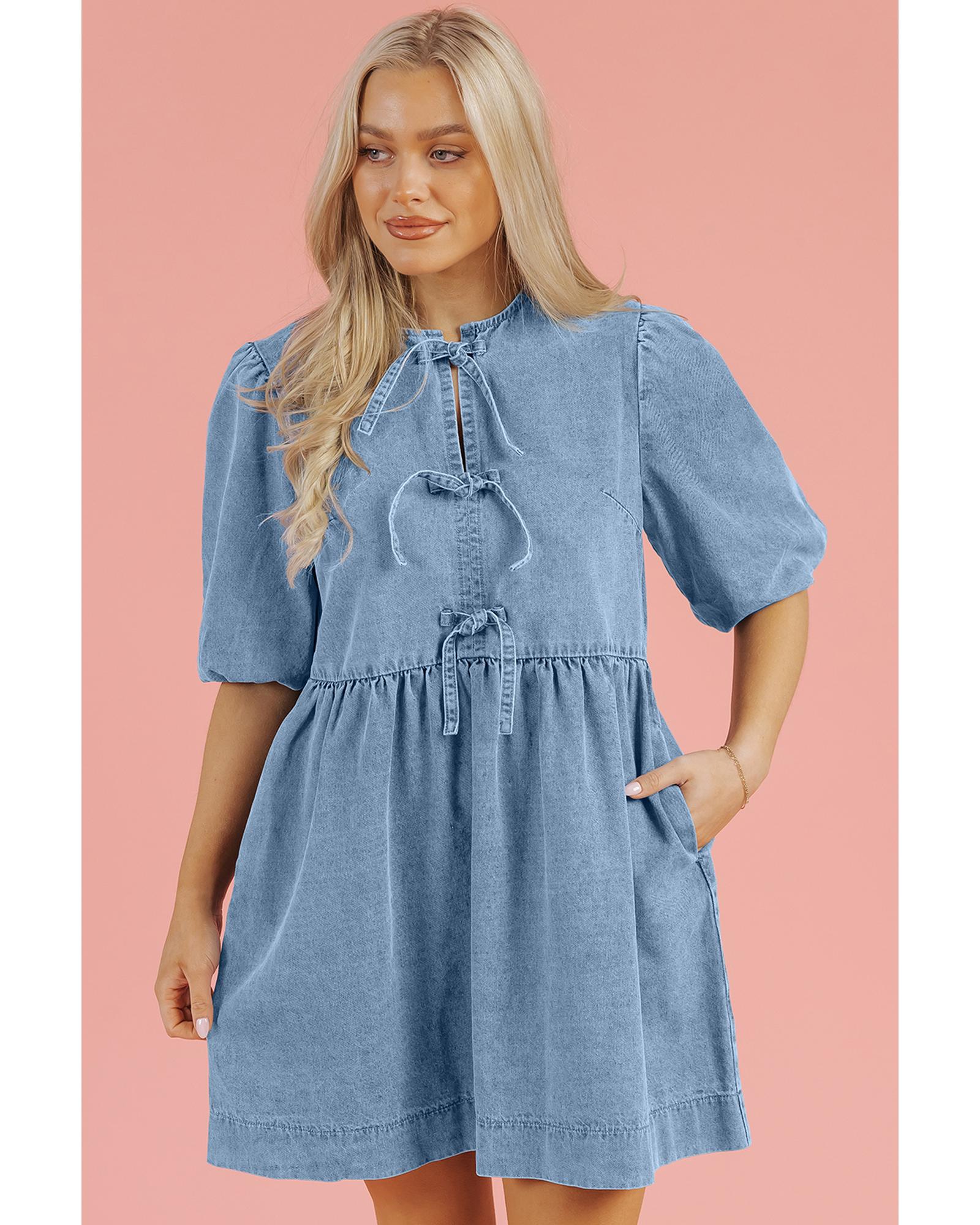 Dusk Blue Bowknot Bubble Sleeve Short Denim Dress - M 4
