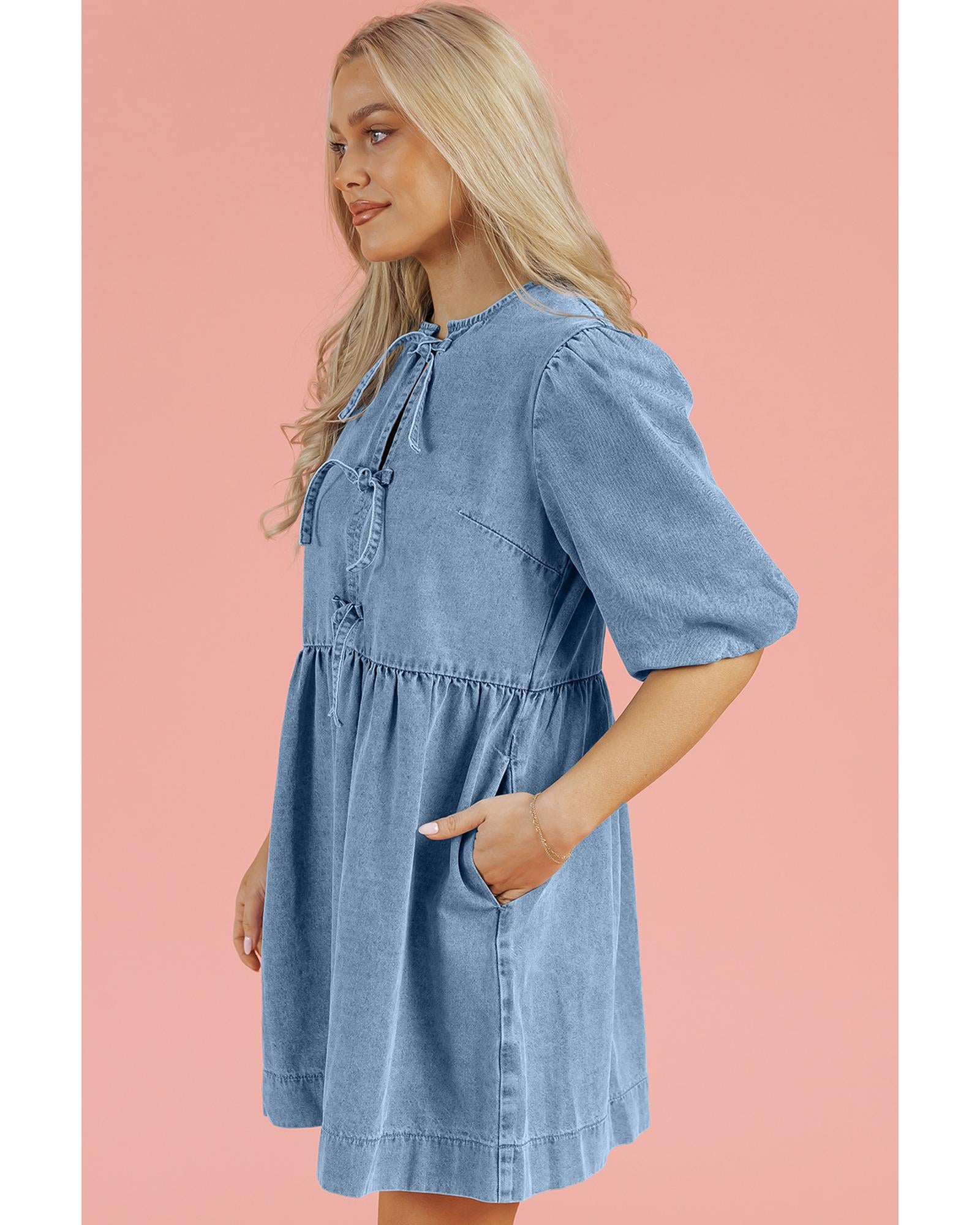 Dusk Blue Bowknot Bubble Sleeve Short Denim Dress - M 5