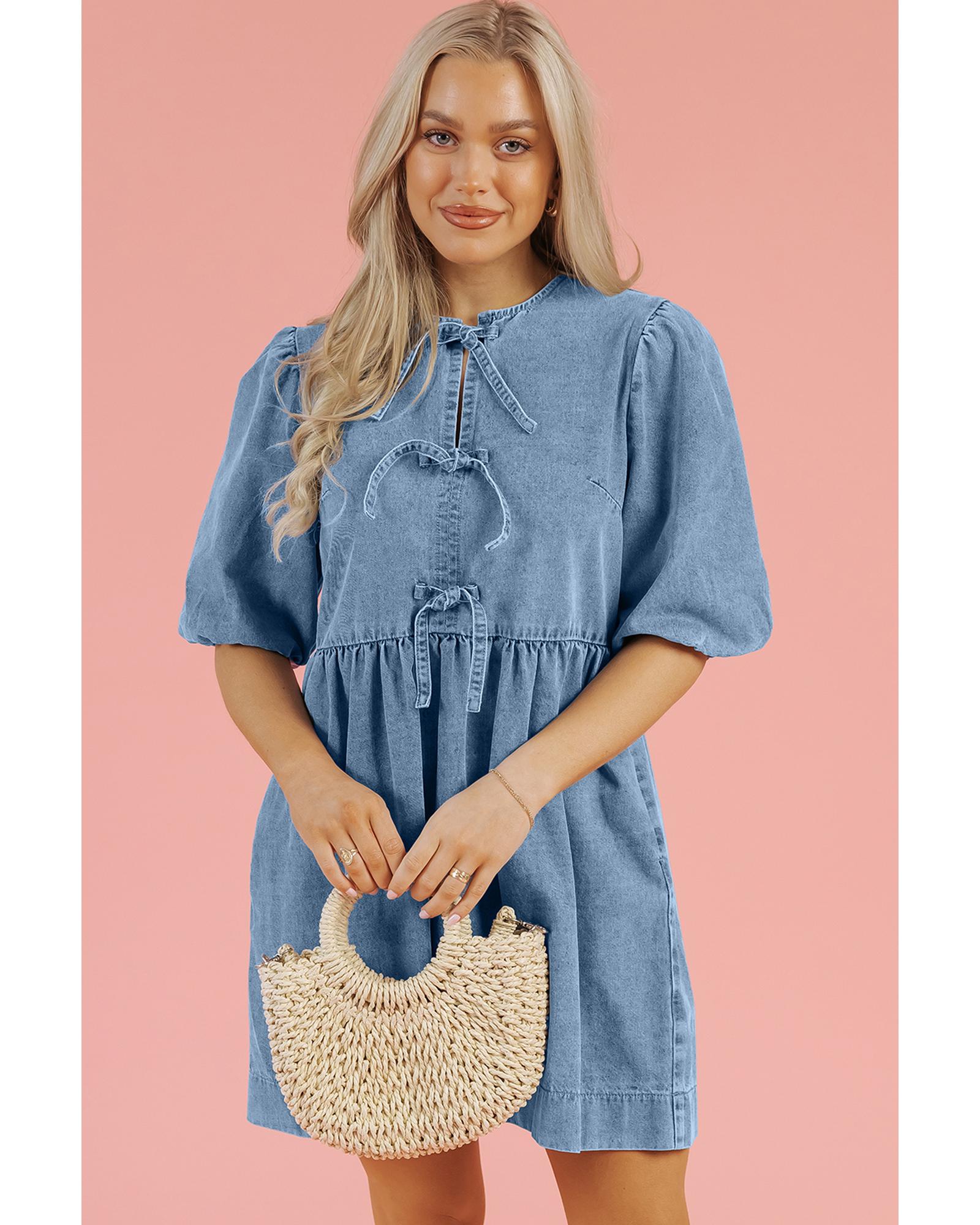 Dusk Blue Bowknot Bubble Sleeve Short Denim Dress - M 7