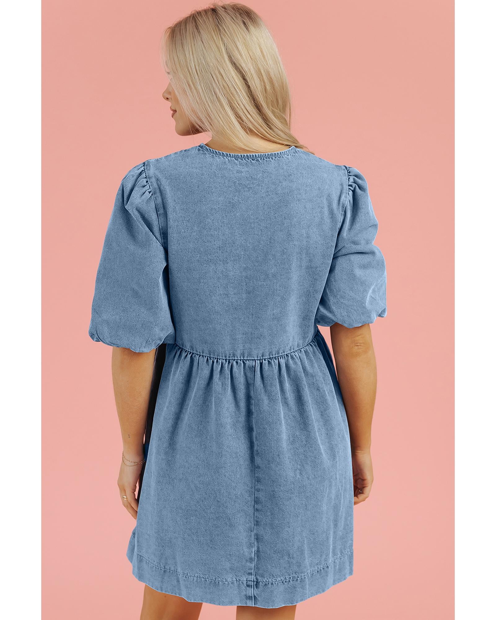 Dusk Blue Bowknot Bubble Sleeve Short Denim Dress - XL 7