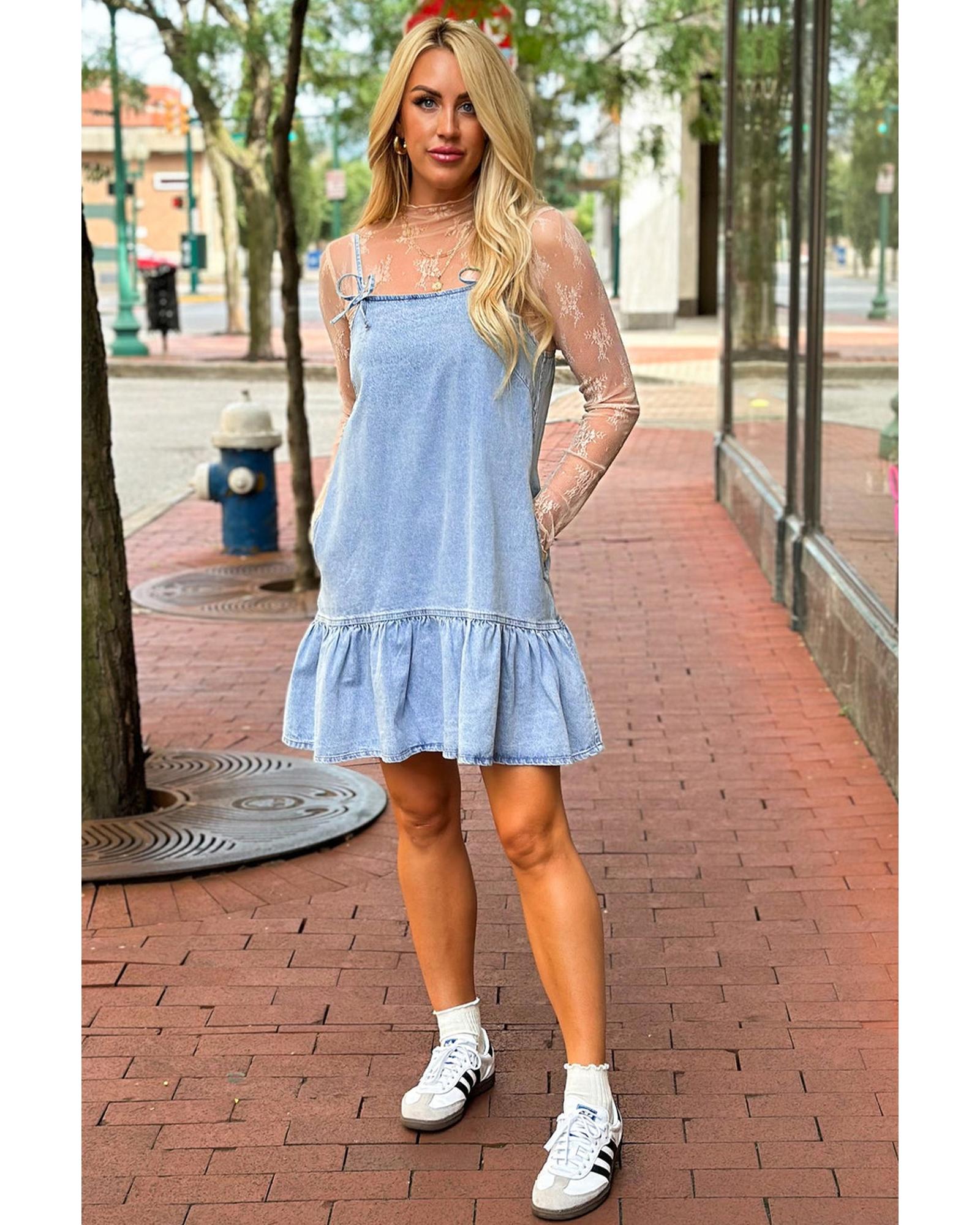 Beau Blue Bow Detail Spaghetti Straps Ruffle Hem Denim Short Dress - XL 3