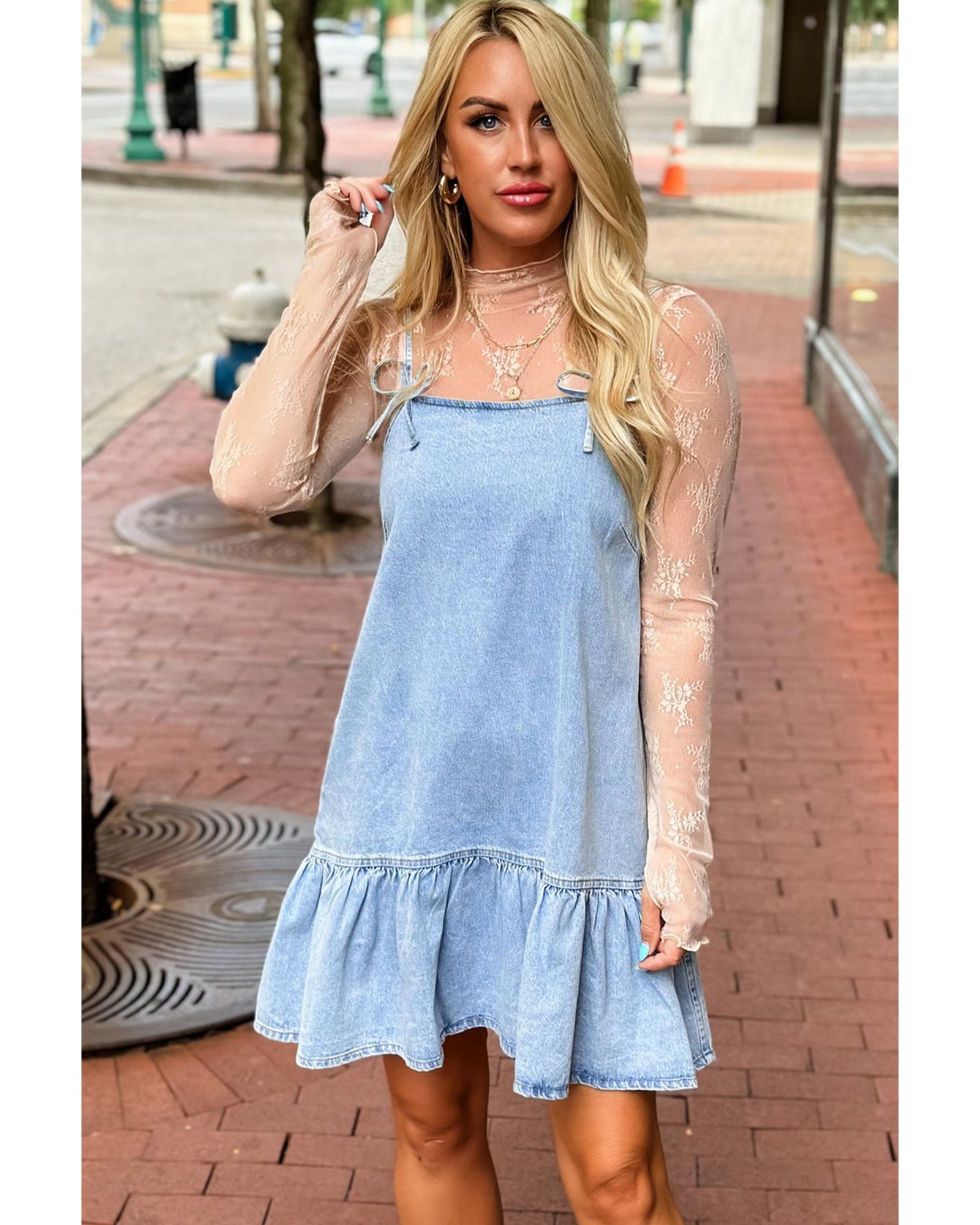 Beau Blue Bow Detail Spaghetti Straps Ruffle Hem Denim Short Dress - XL 4