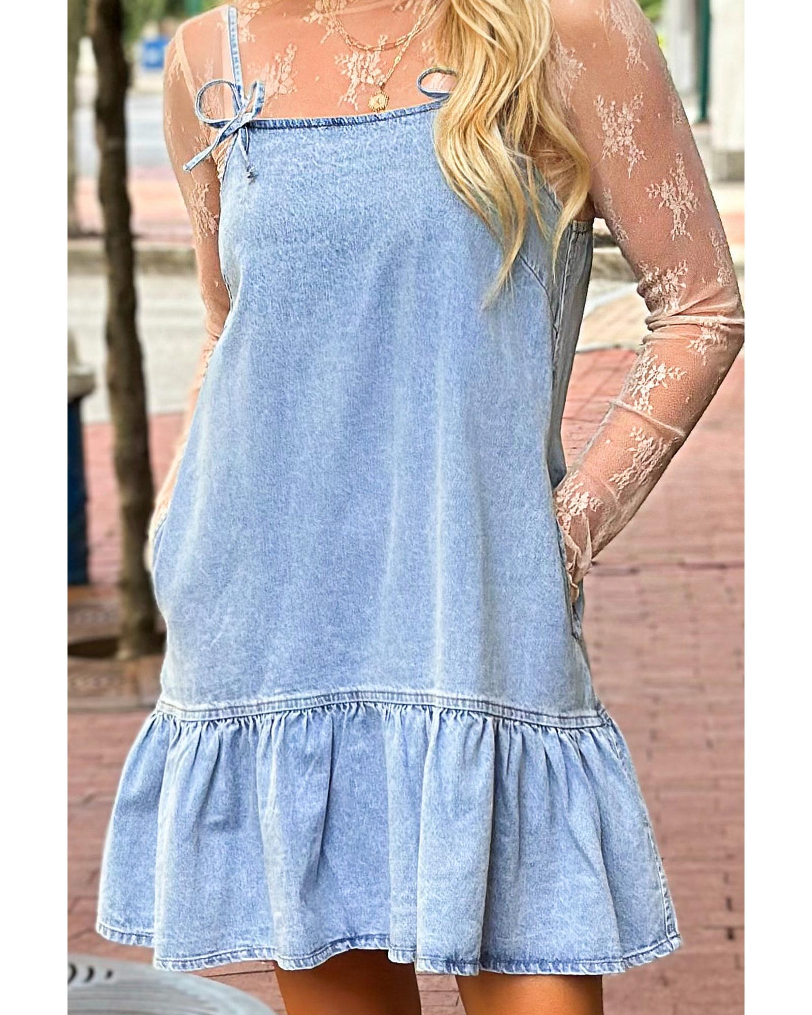 Beau Blue Bow Detail Spaghetti Straps Ruffle Hem Denim Short Dress - XL 5