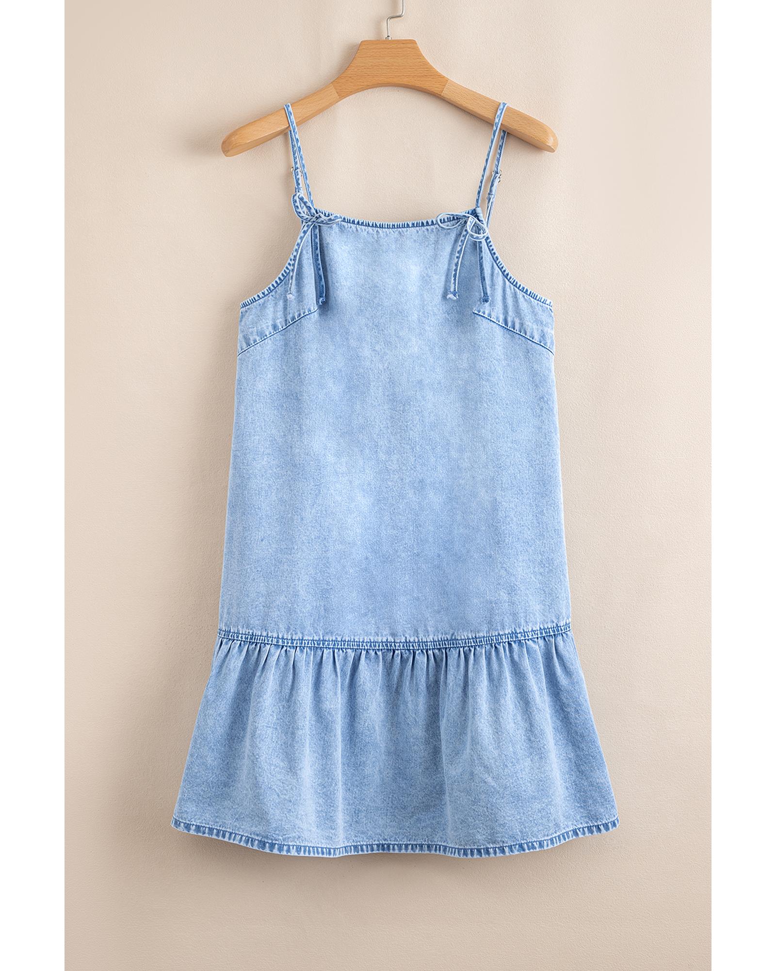 Beau Blue Bow Detail Spaghetti Straps Ruffle Hem Denim Short Dress - XL 6