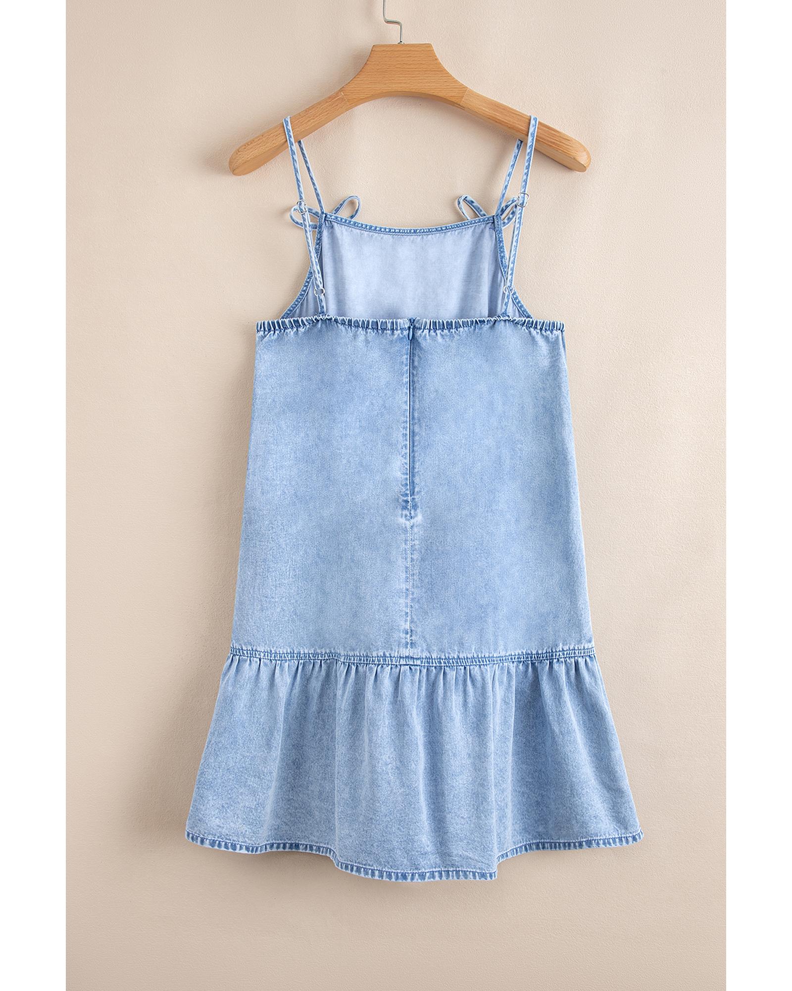 Beau Blue Bow Detail Spaghetti Straps Ruffle Hem Denim Short Dress - XL 7