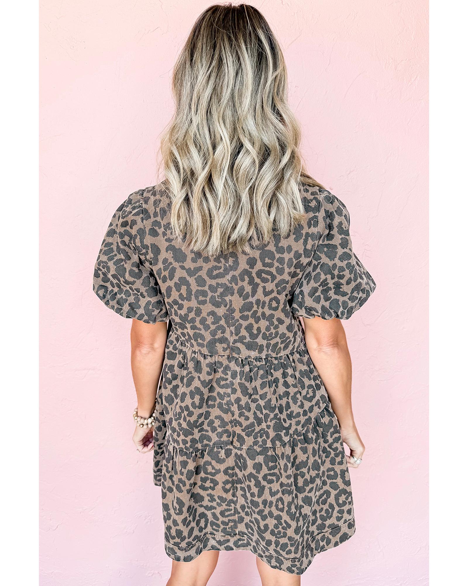 Brown Denim Leopard Printed Short Puff Sleeve Mini Dress - XL