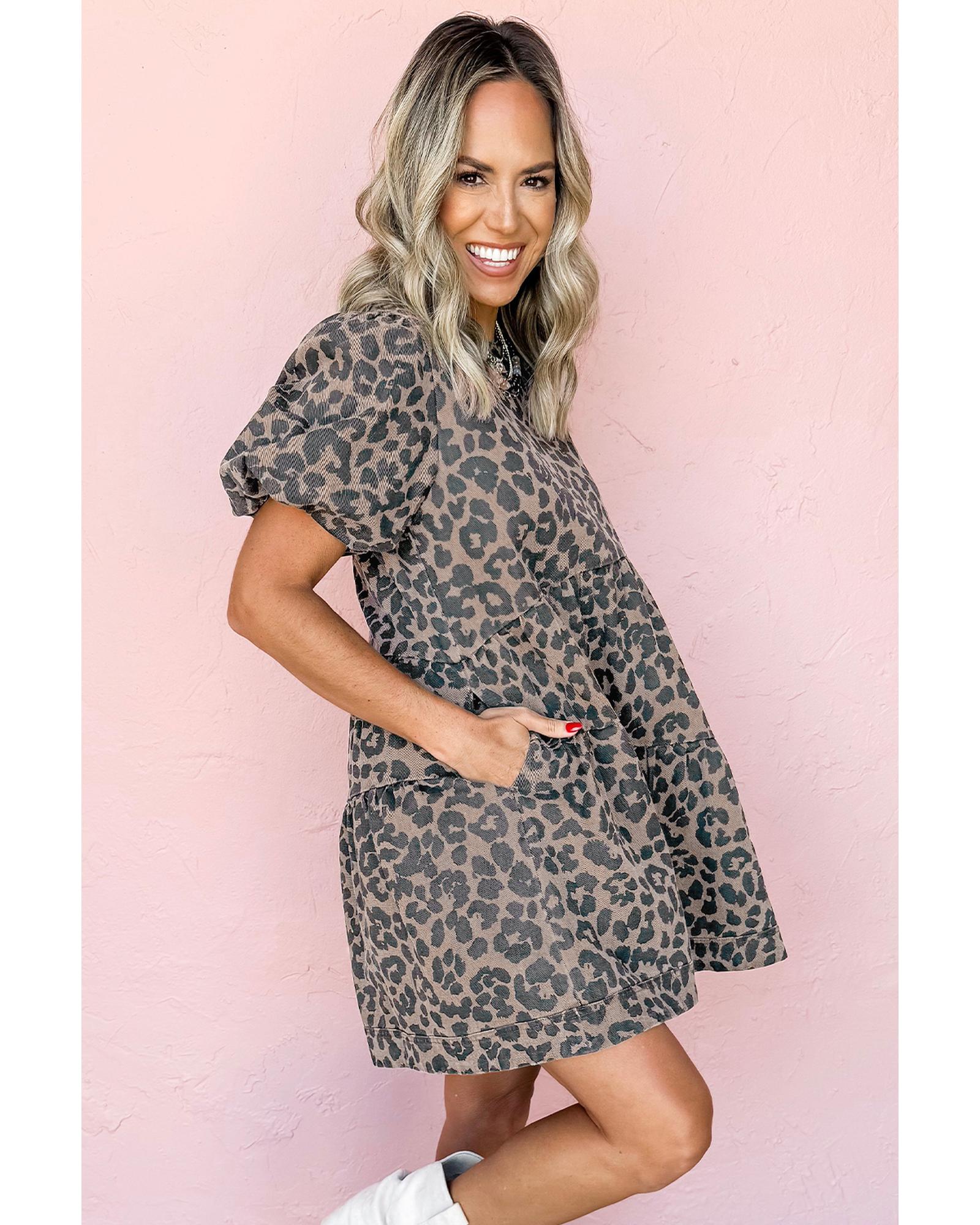 Brown Denim Leopard Printed Short Puff Sleeve Mini Dress - XL 3