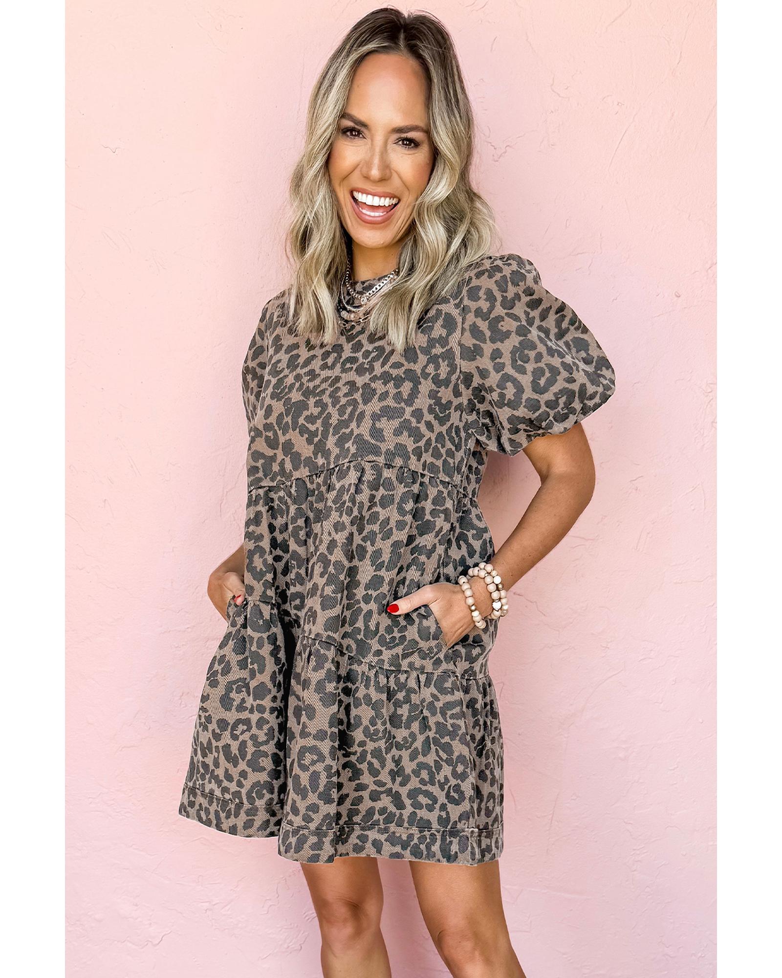 Brown Denim Leopard Printed Short Puff Sleeve Mini Dress - XL 4