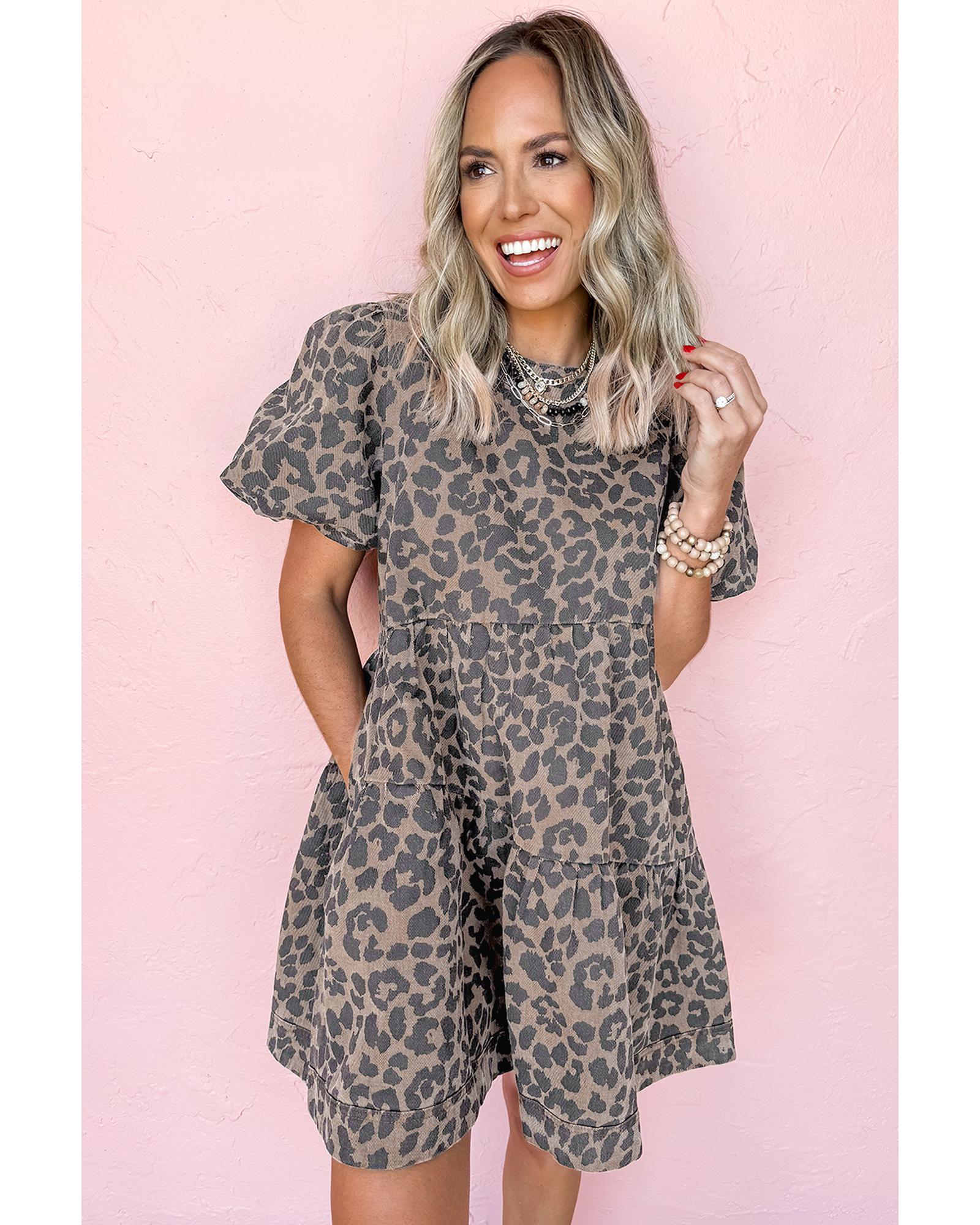 Brown Denim Leopard Printed Short Puff Sleeve Mini Dress - XL 5