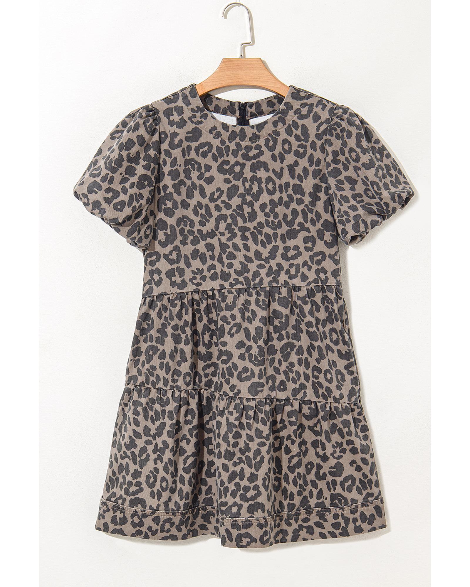 Brown Denim Leopard Printed Short Puff Sleeve Mini Dress - XL 7