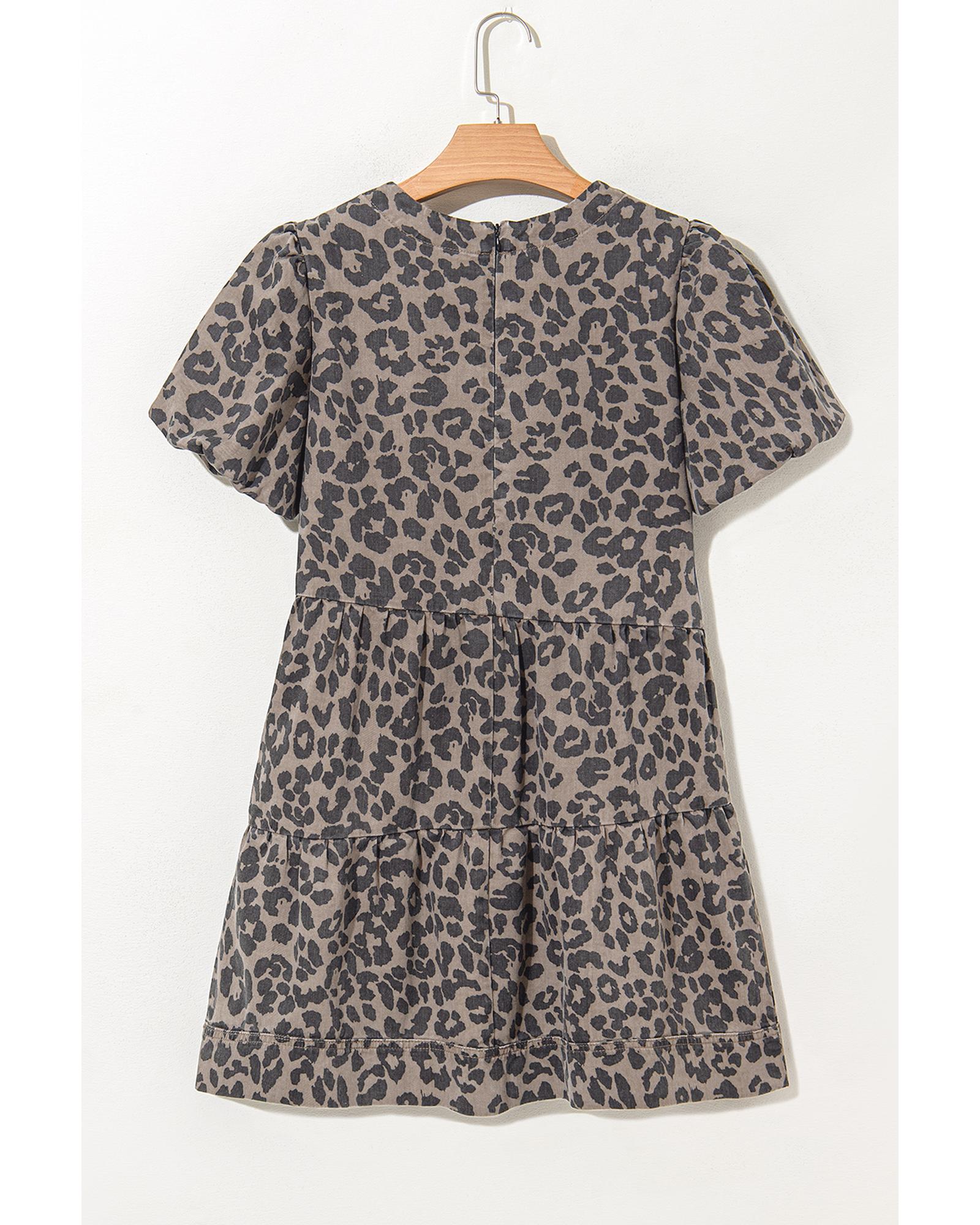 Brown Denim Leopard Printed Short Puff Sleeve Mini Dress - XL 8