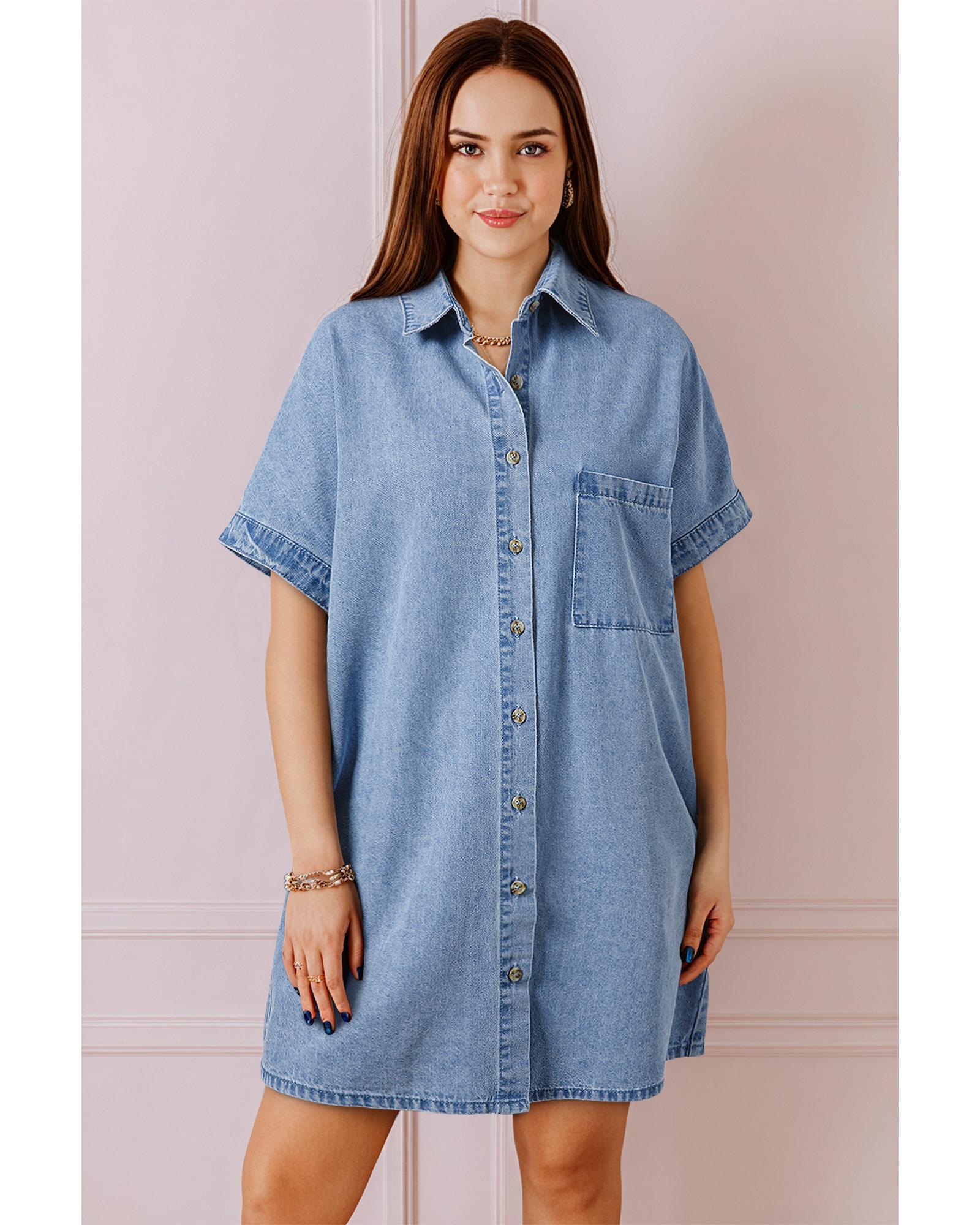 Dusk Blue Short Sleeve Pocketed Button up Denim Tunic Dress - L 3