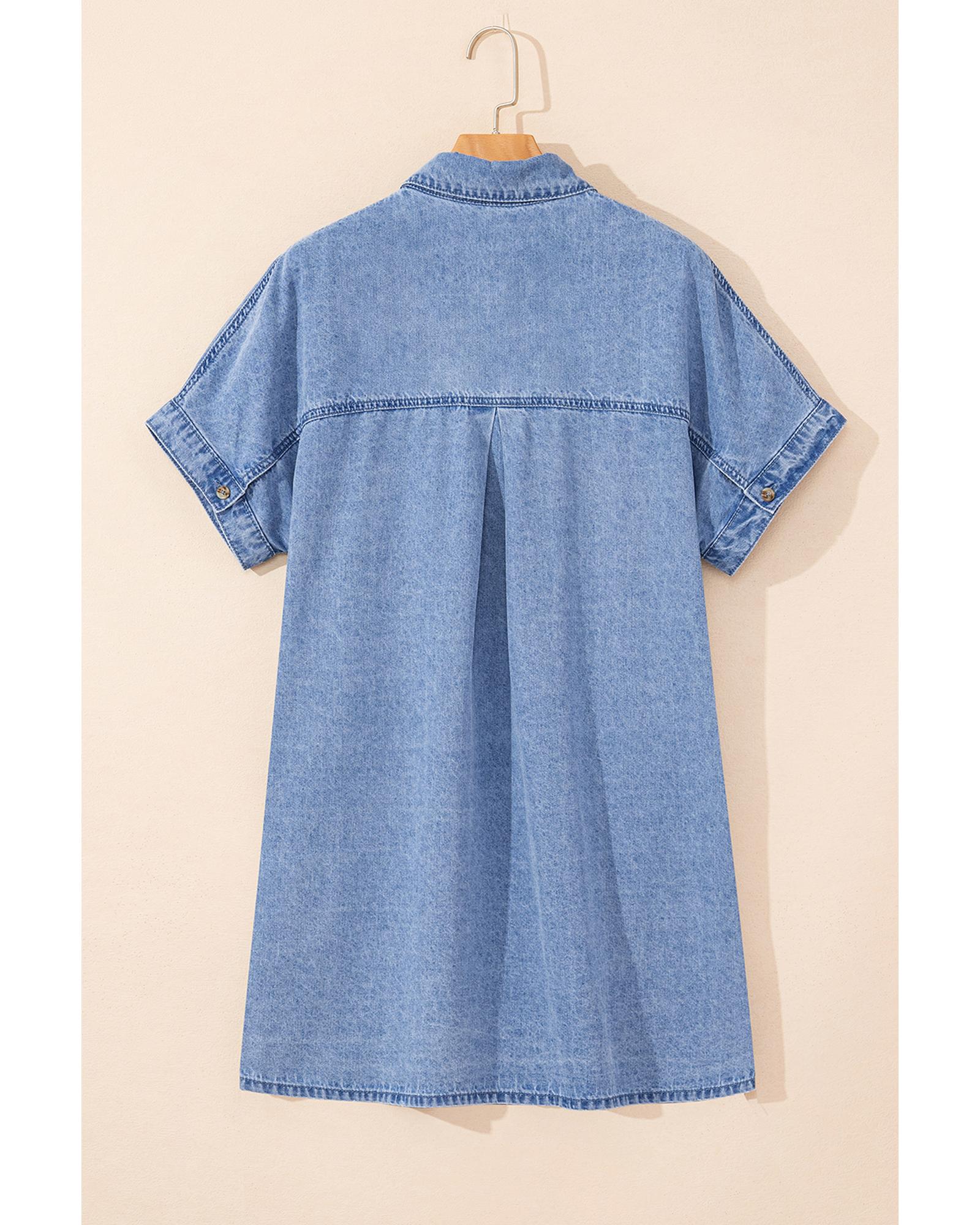 Dusk Blue Short Sleeve Pocketed Button up Denim Tunic Dress - L 5