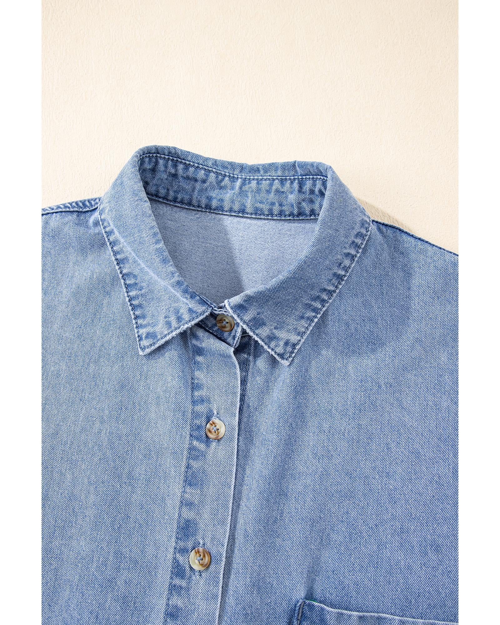 Dusk Blue Short Sleeve Pocketed Button up Denim Tunic Dress - S 6