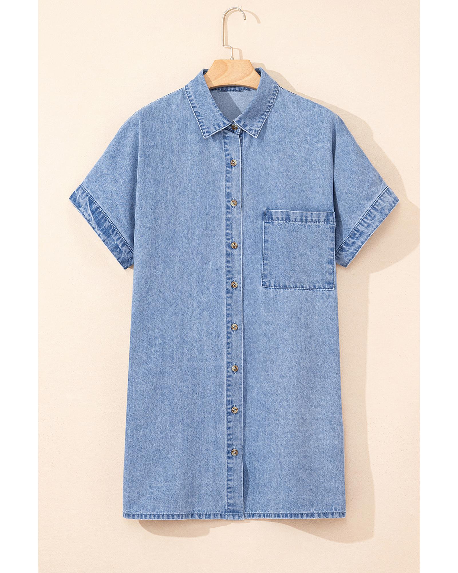Dusk Blue Short Sleeve Pocketed Button up Denim Tunic Dress - XL 4