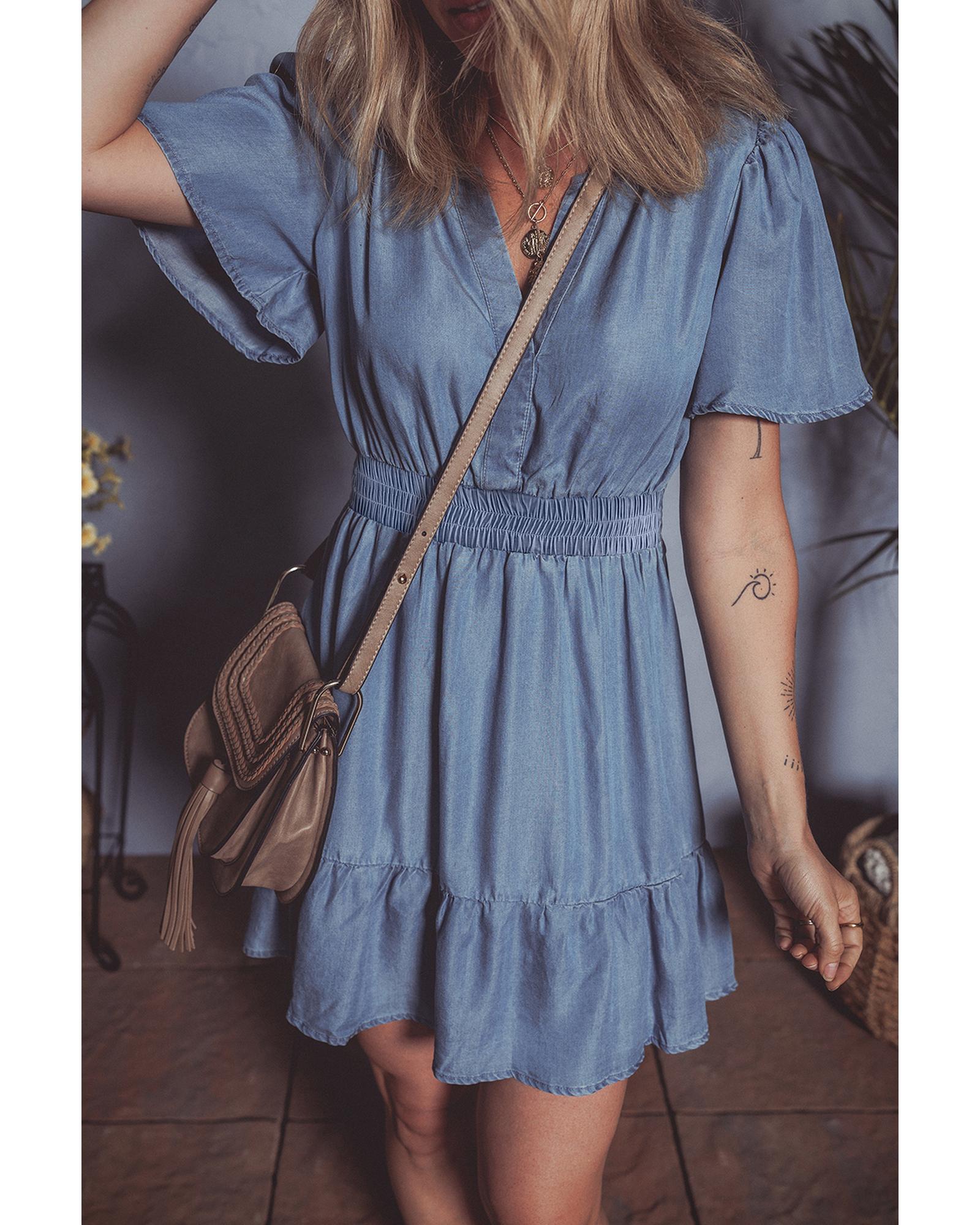 Ashleigh Blue Ruffled V Neck Smocked High Waist Denim Mini Dress - L 3