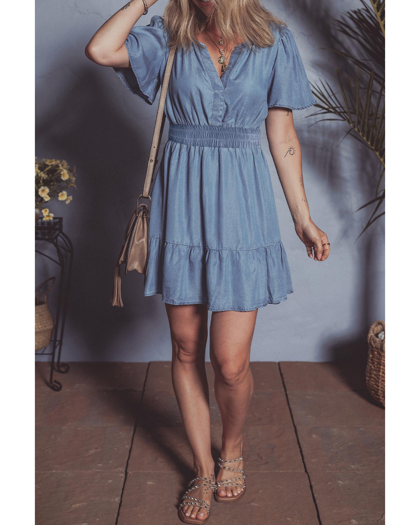 Ashleigh Blue Ruffled V Neck Smocked High Waist Denim Mini Dress - L 6