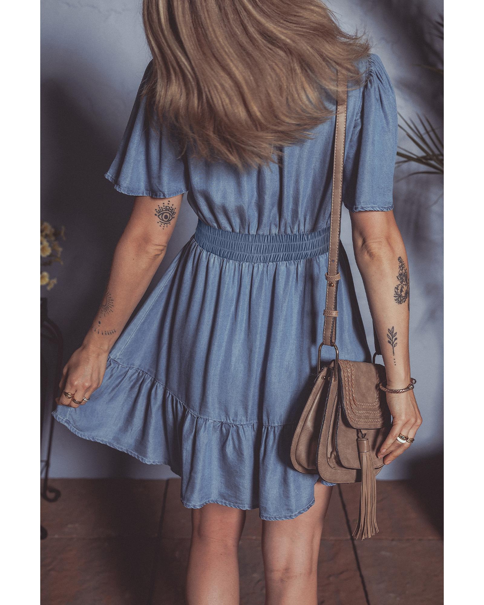 Ashleigh Blue Ruffled V Neck Smocked High Waist Denim Mini Dress - M 4