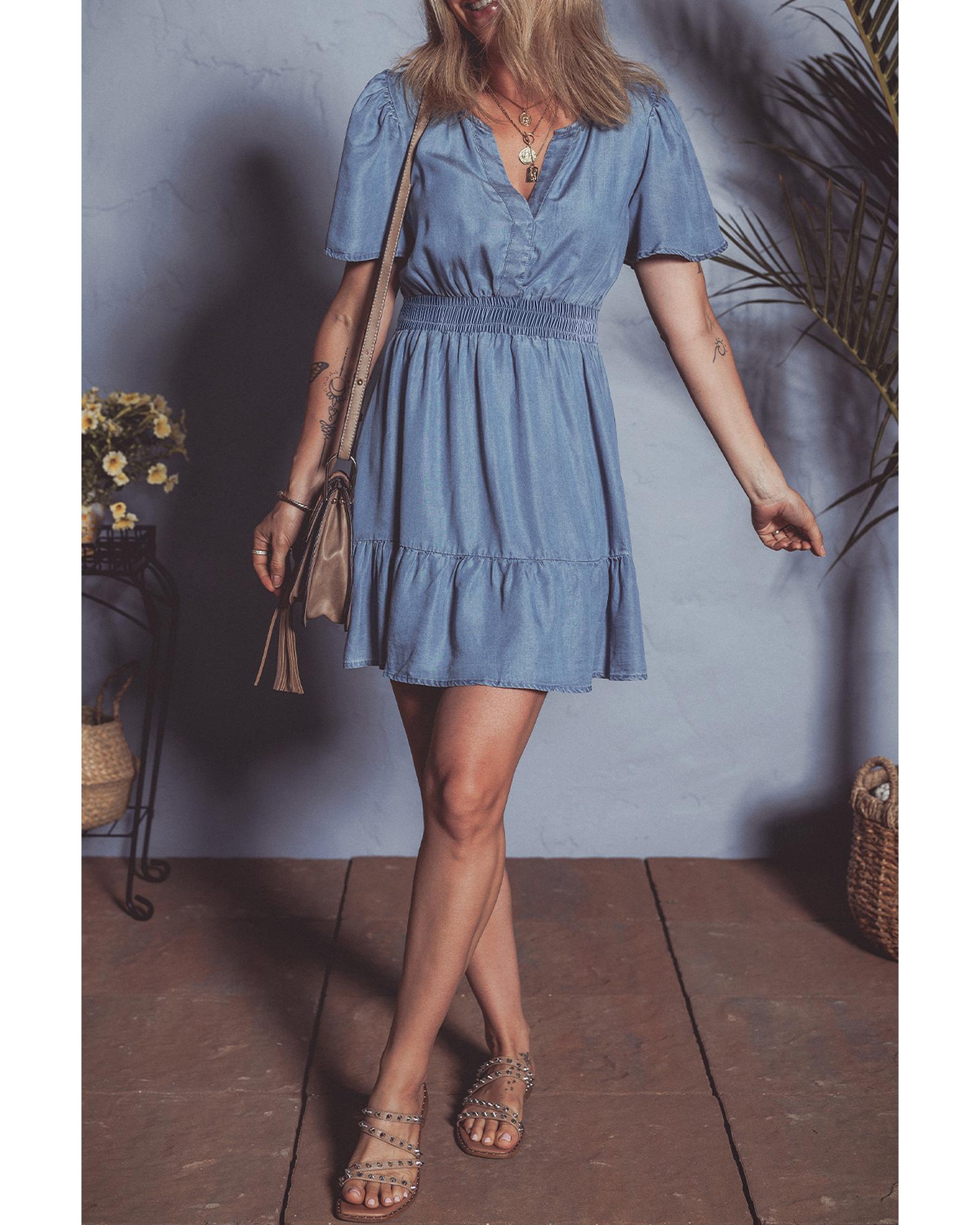 Ashleigh Blue Ruffled V Neck Smocked High Waist Denim Mini Dress - M 5