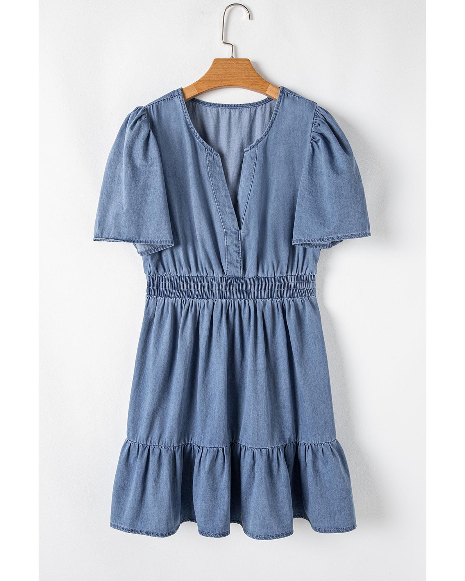 Ashleigh Blue Ruffled V Neck Smocked High Waist Denim Mini Dress - M 7