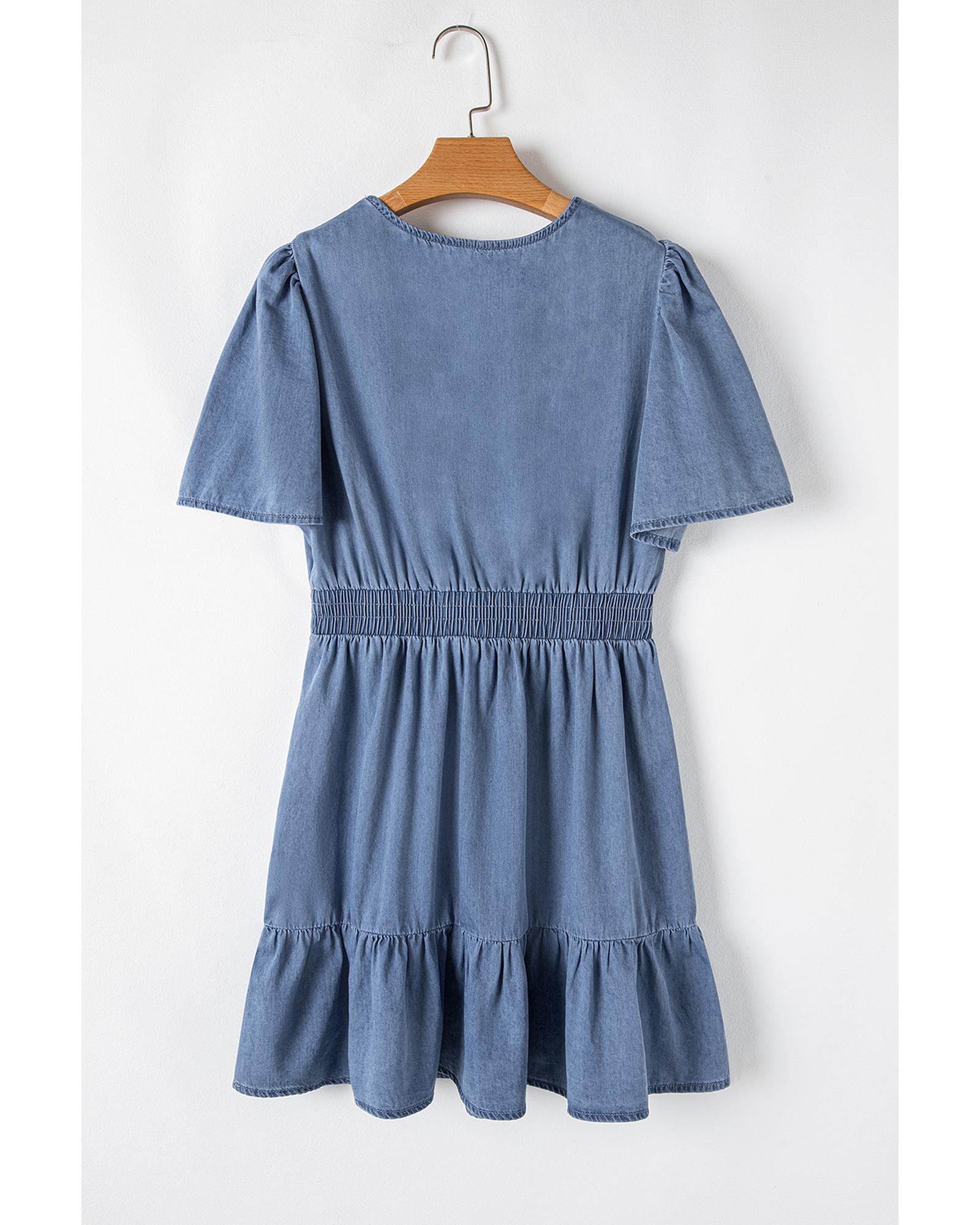 Ashleigh Blue Ruffled V Neck Smocked High Waist Denim Mini Dress - M 8