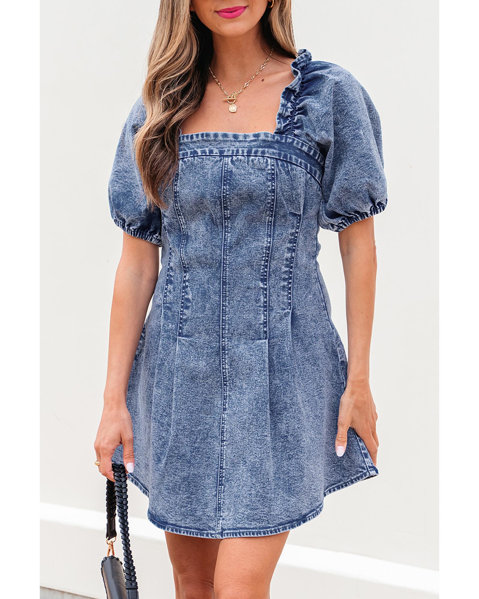 Blue Frilly Square Neck Bustier Puff Sleeve Short Denim Dress - L 7
