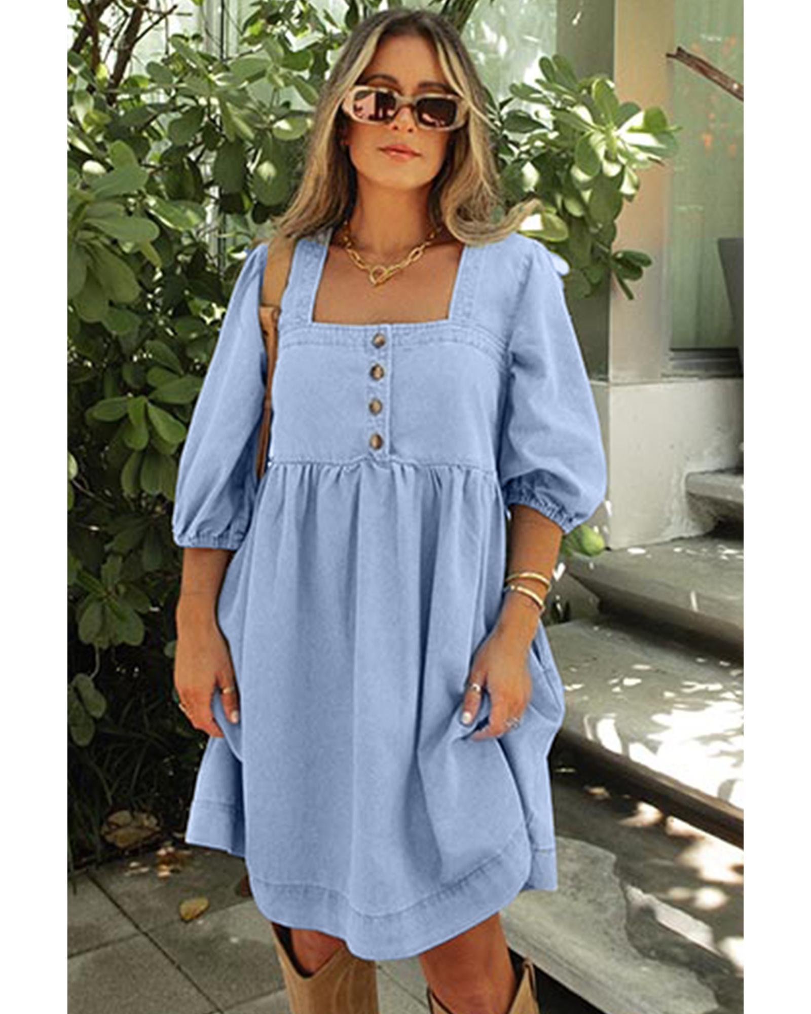 Beau Blue Denim Button Detail Babydoll Square Neck Mini Dress - L 3
