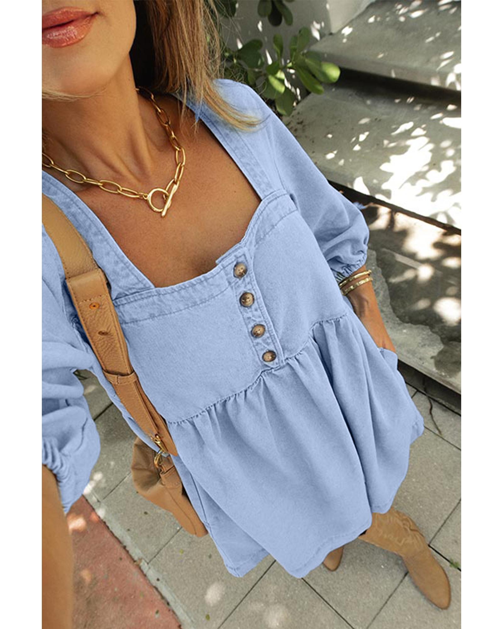Beau Blue Denim Button Detail Babydoll Square Neck Mini Dress - L 5