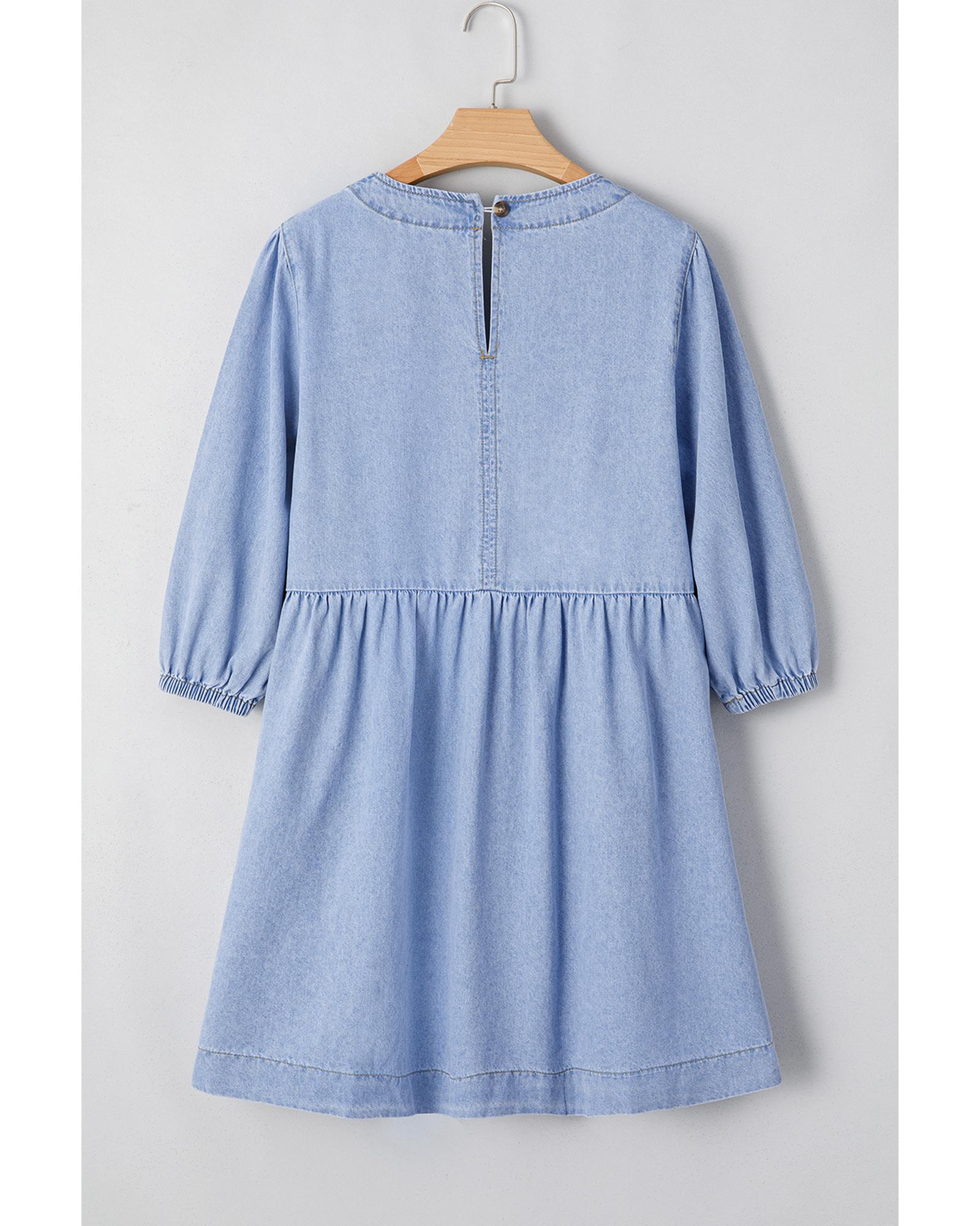 Beau Blue Denim Button Detail Babydoll Square Neck Mini Dress - L 7