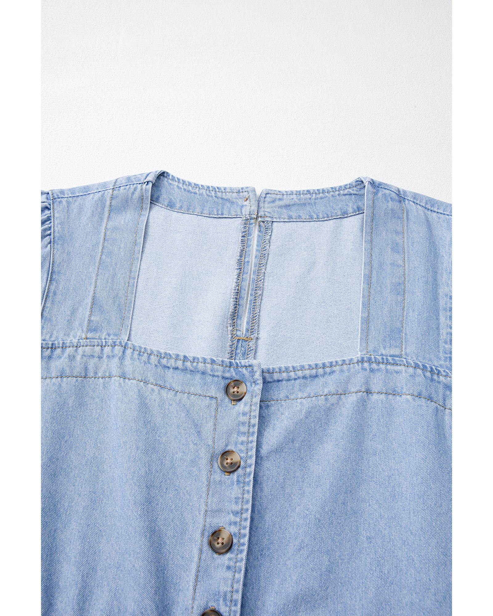 Beau Blue Denim Button Detail Babydoll Square Neck Mini Dress - L 8