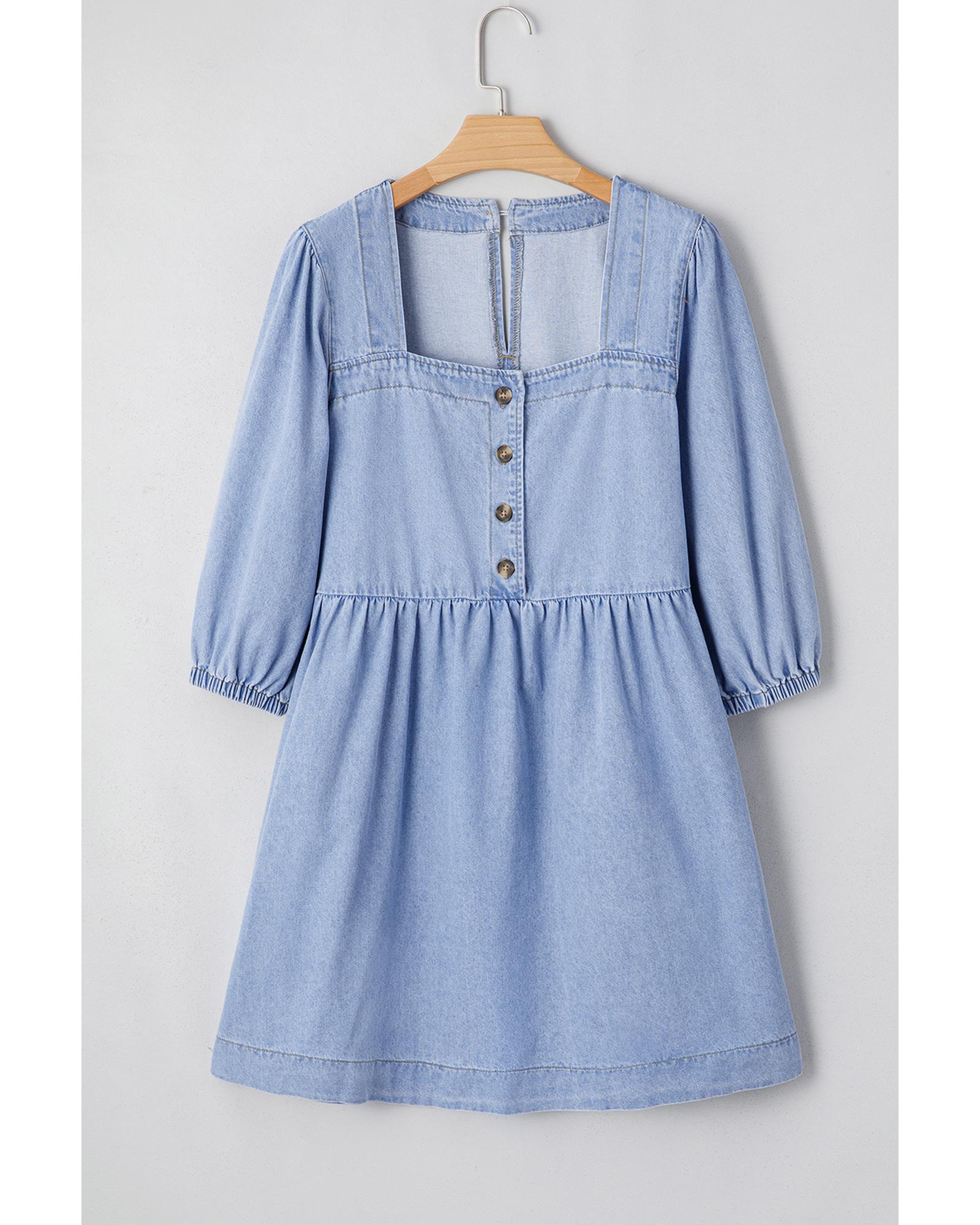 Beau Blue Denim Button Detail Babydoll Square Neck Mini Dress - XL 6