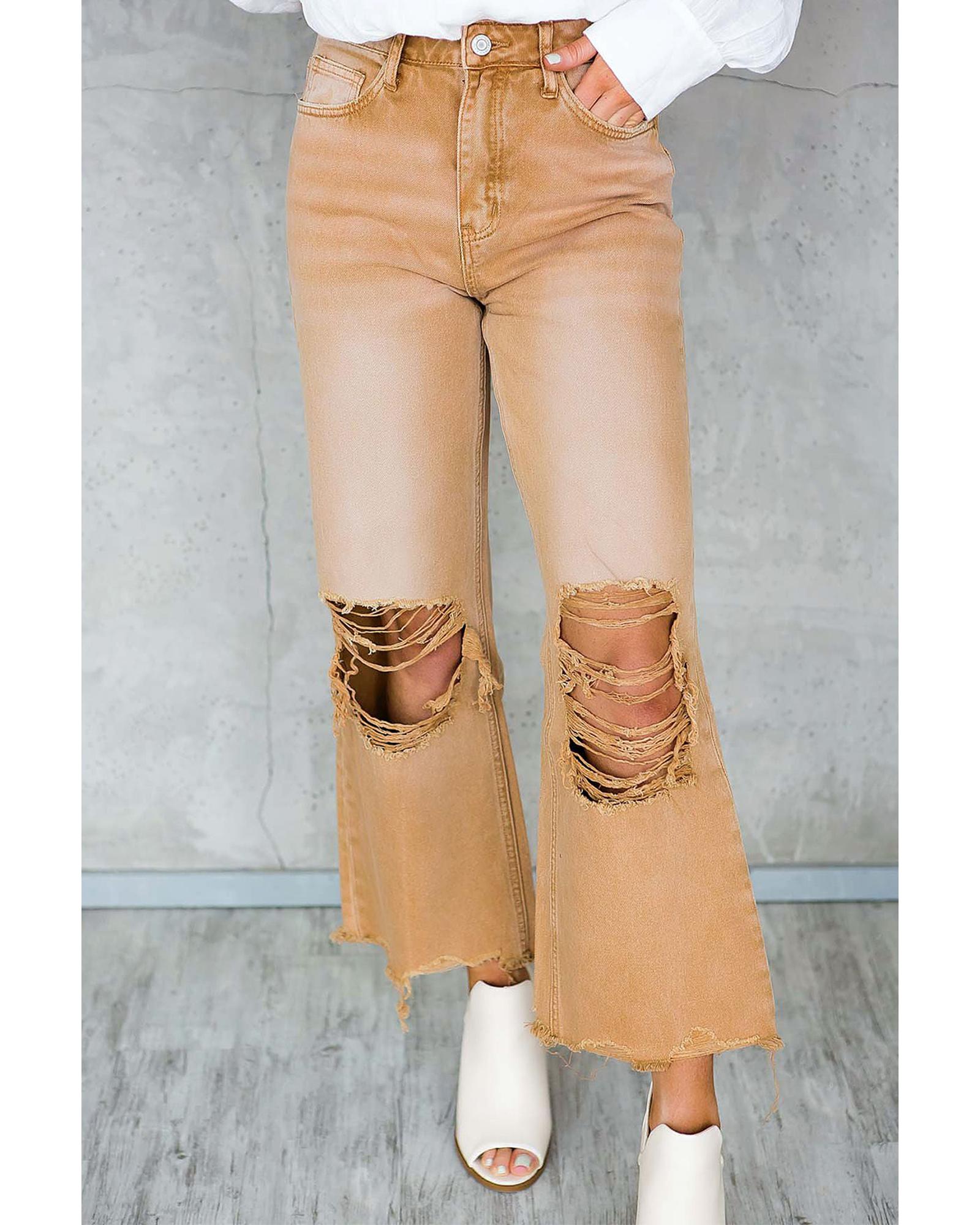 Brown Distressed Hollow-out High Waist Cropped Flare Jeans - 10 US 8