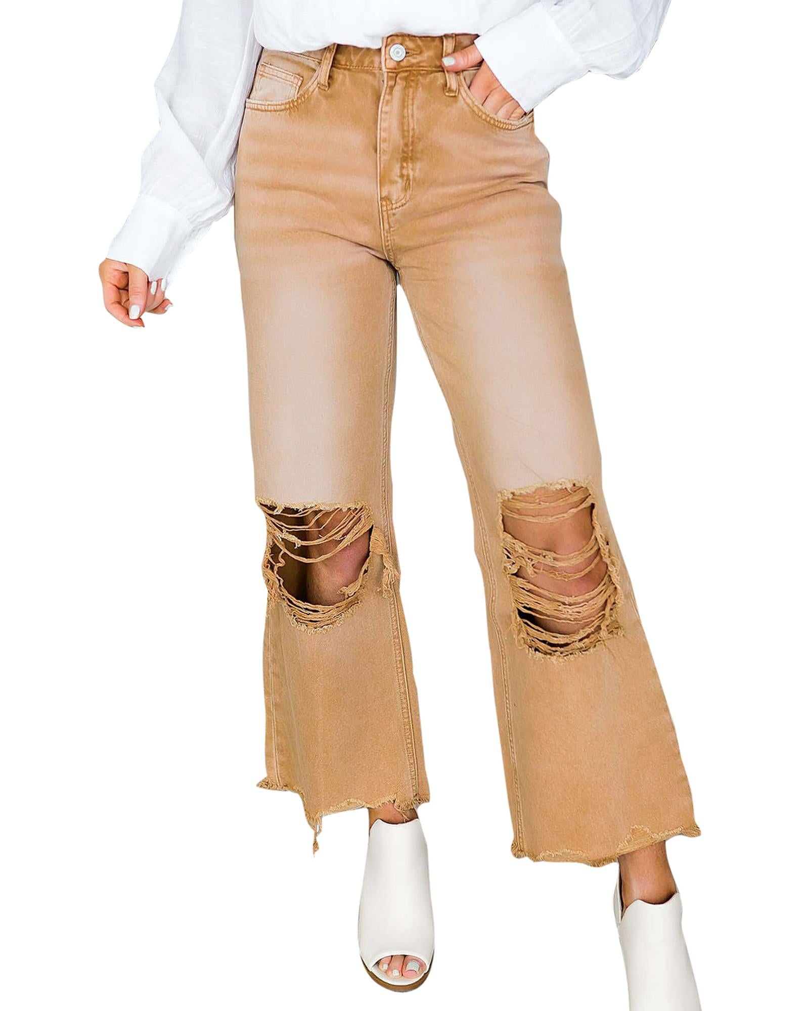 Brown Distressed Hollow-out High Waist Cropped Flare Jeans - 12 US